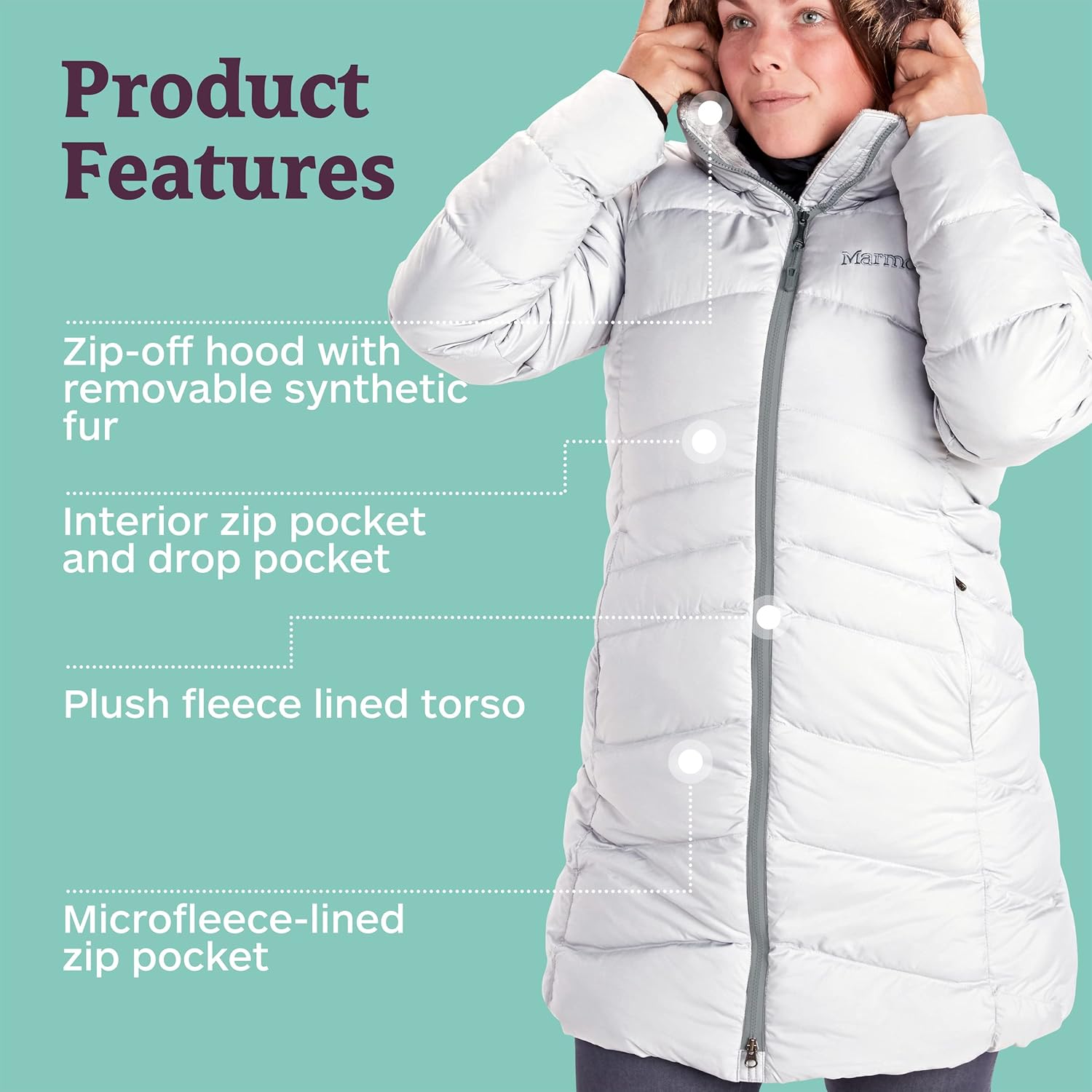 Marmot Montreal Women's Mid-Thigh Length Down Puffer Coat, Fill Power 700 Medium Glacier Grey