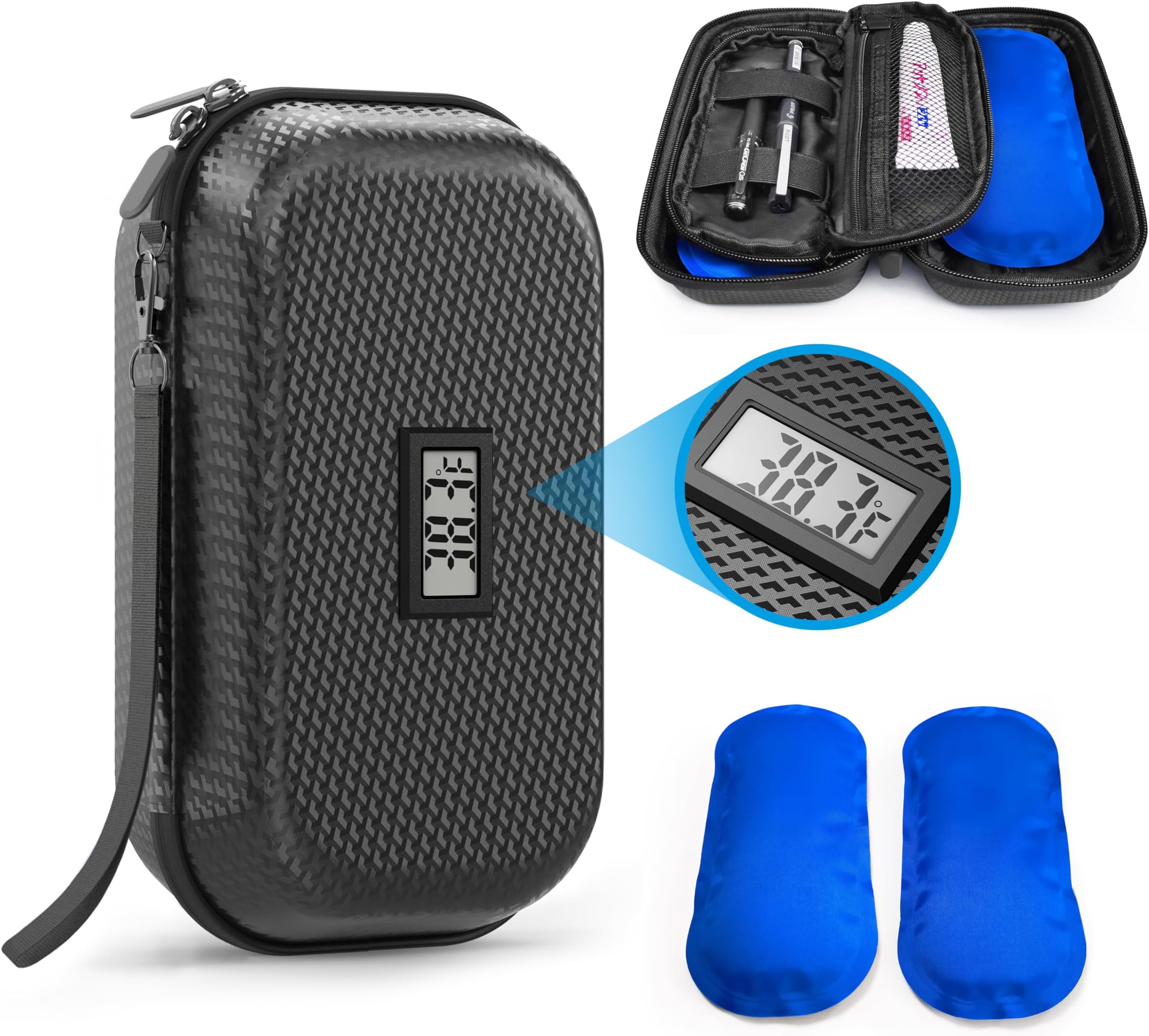 CASAZEN Insulin Cooler Travel Case TSA Approved, Refrigerated Medicine Travel Case with Temperature Display, Wrist Strap & 2 Reusable Ice Packs, Gift For Daily and Trip