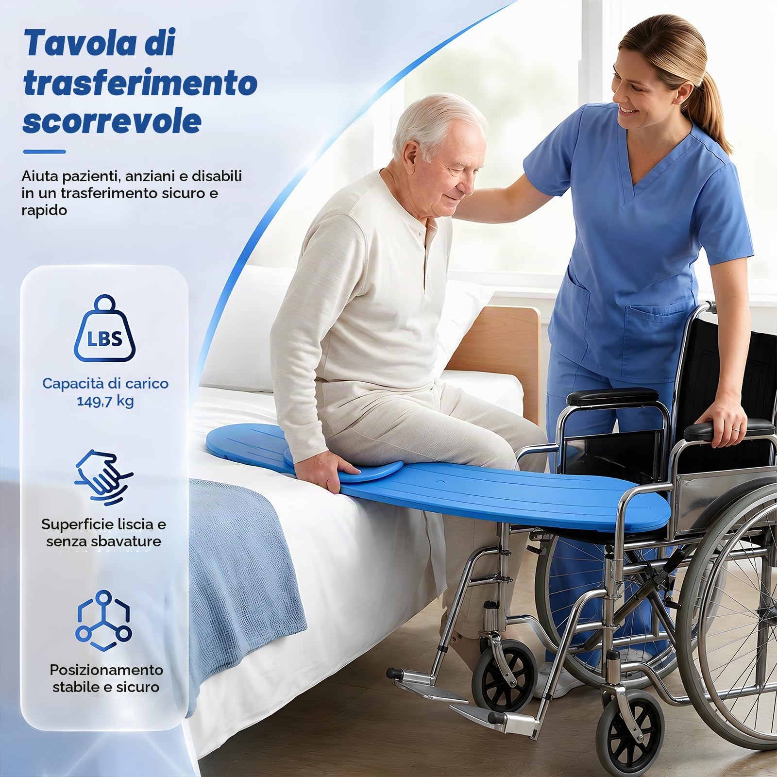 Tavola Trasferimento, Tavola Scorrevole 90cm Utenti su Sedia Rotelle Trasferimenti Letto Vasca Bagno e Auto Dotata Girevole a 360° Portata Massima 170kg Per Anziani Utilizzo Auto Sedia a Rotelle e WC
