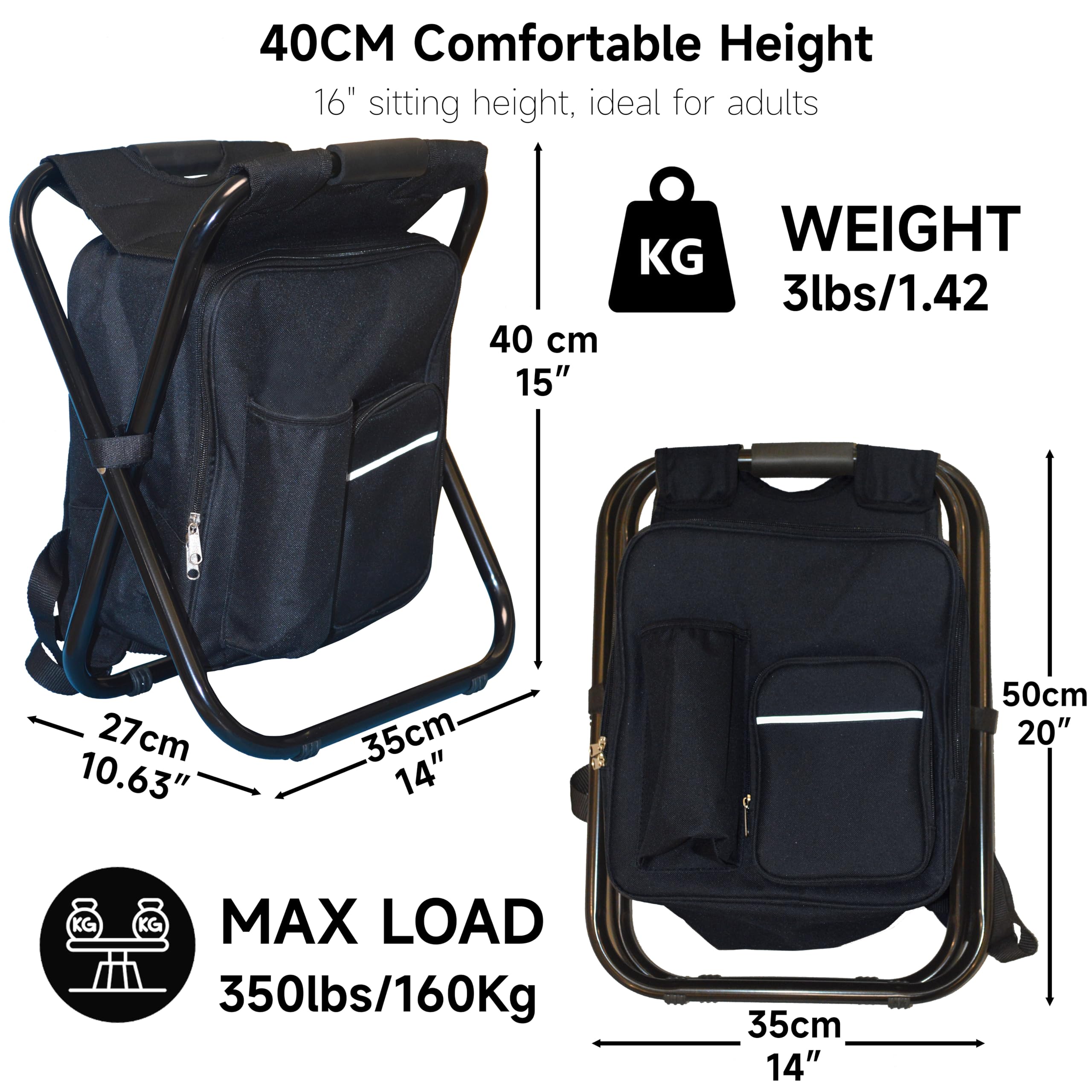 Sedia Zaino Portatile con Borsa Termica in Tessuto, Pieghevole, Trasportabile, Leggera, Tessuto Oxford in PVC 600D, Borsa da Trekking per Attività Escursionistiche All'aperto (52 x 36 x 5 cm)