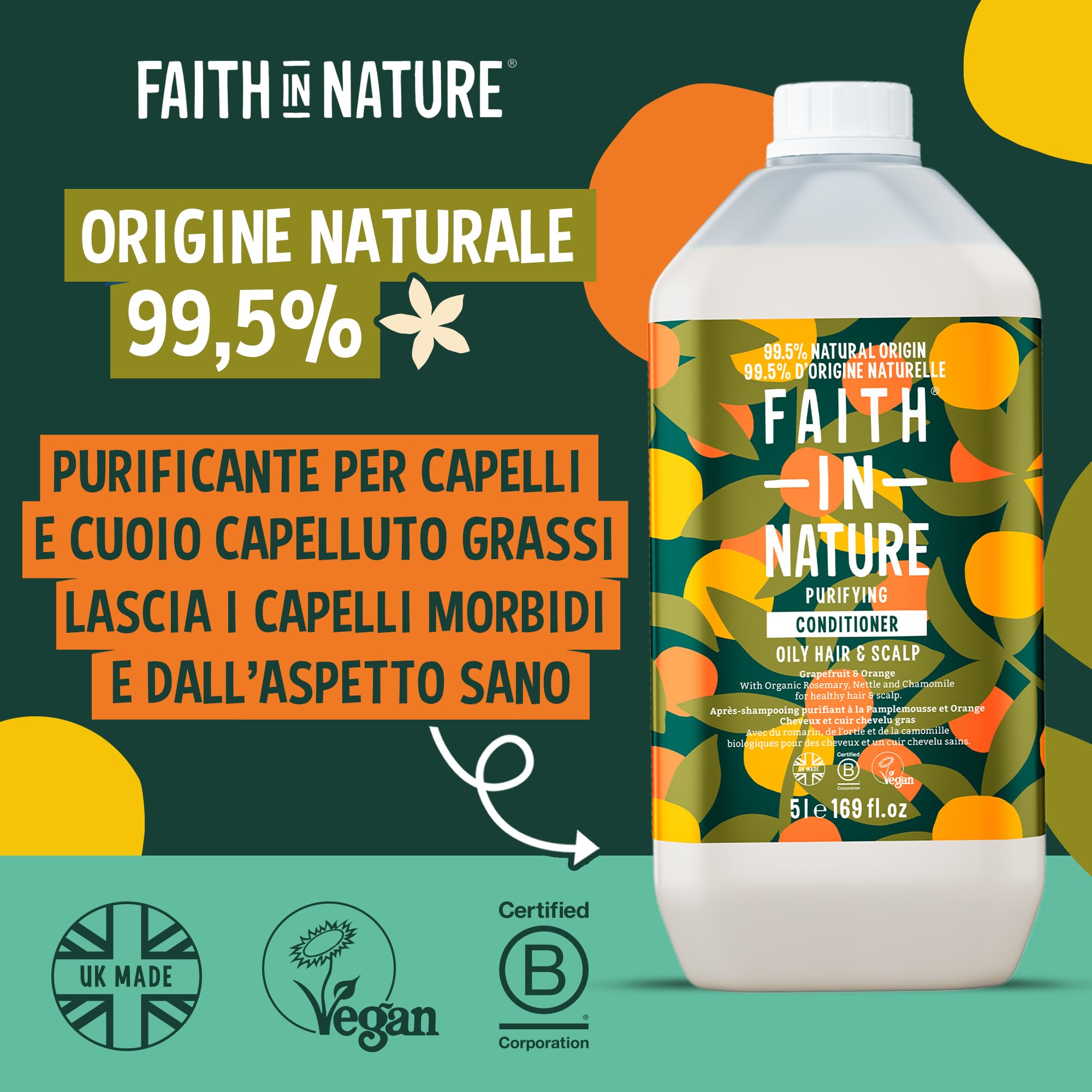Faith In Nature Balsamo Naturale Pompelmo e Arancia, Purificante per Capelli e Cuoio Capelluto Grassi, Vegano e Cruelty Free, Senza SLS, Siliconi o Parabeni, Confezione Ricarica 5L