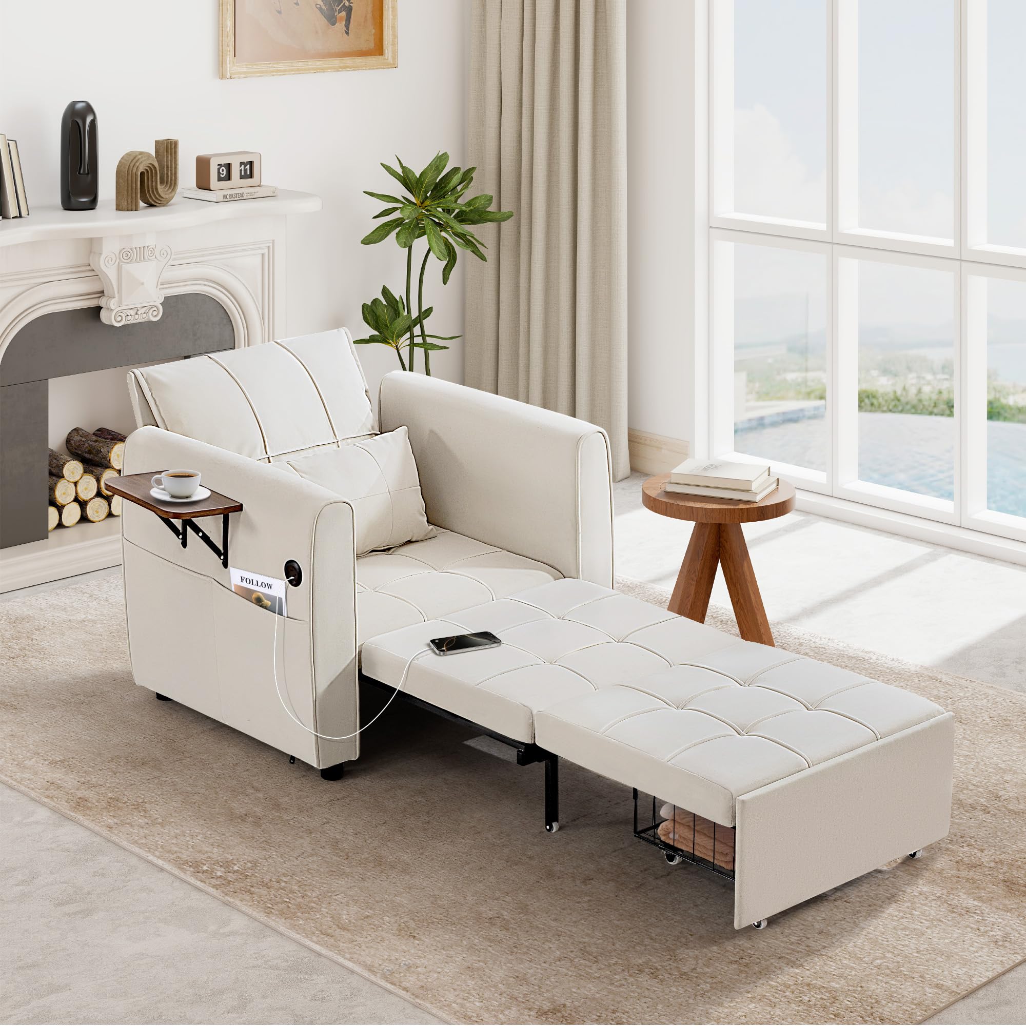 90" Convertible Sleeper Chair Bed, 4 in 1 Pull Out Single Sofa Bed, Adjustable Backrest Recliner with USB Port, Storage Basket, Folding Side Table, for Living Room Apartment Small Place