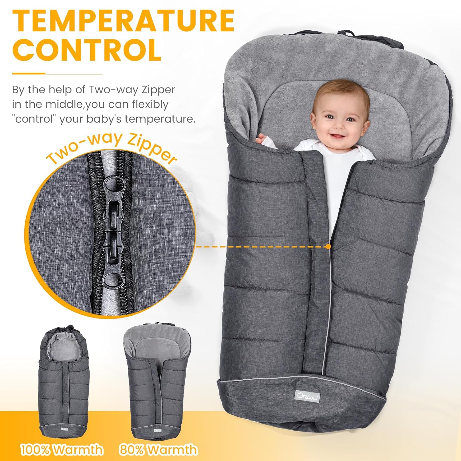 Orzbow Universal Stroller Footmuff, Winter Baby Bunting Bag for Stroller - Baby Sleeping Bag with Coral Fleece Lining for Cold Weather, Water-Repellent, Winter Must Have for Toddler Kids, Dark Grey - Image 3