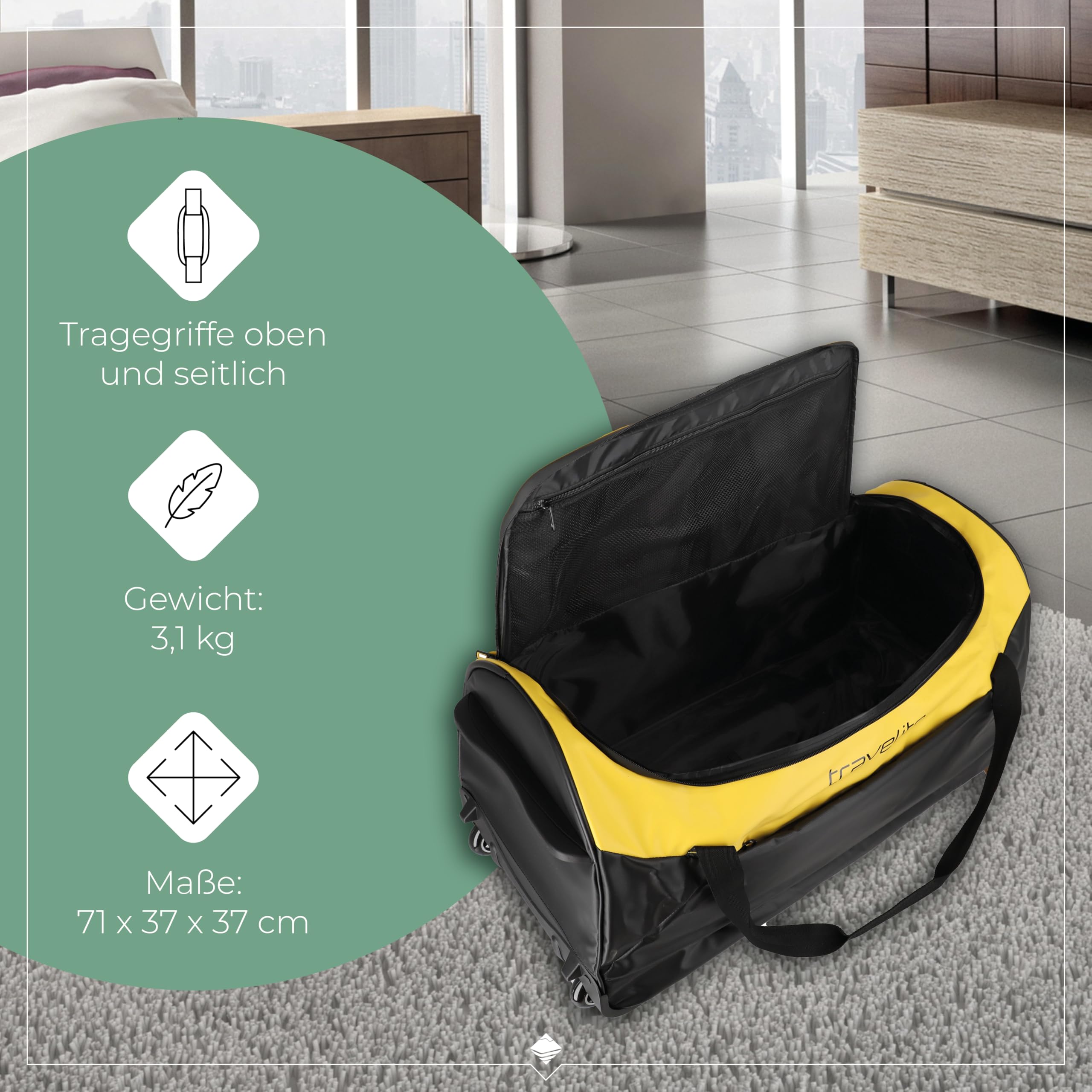 Travelite Trolley Reisetasche mit Rollen aus wasserabweisendem Material, Basics Weichgepäck Rolltasche mit großem Hauptfach, 71 cm, 97 Liter