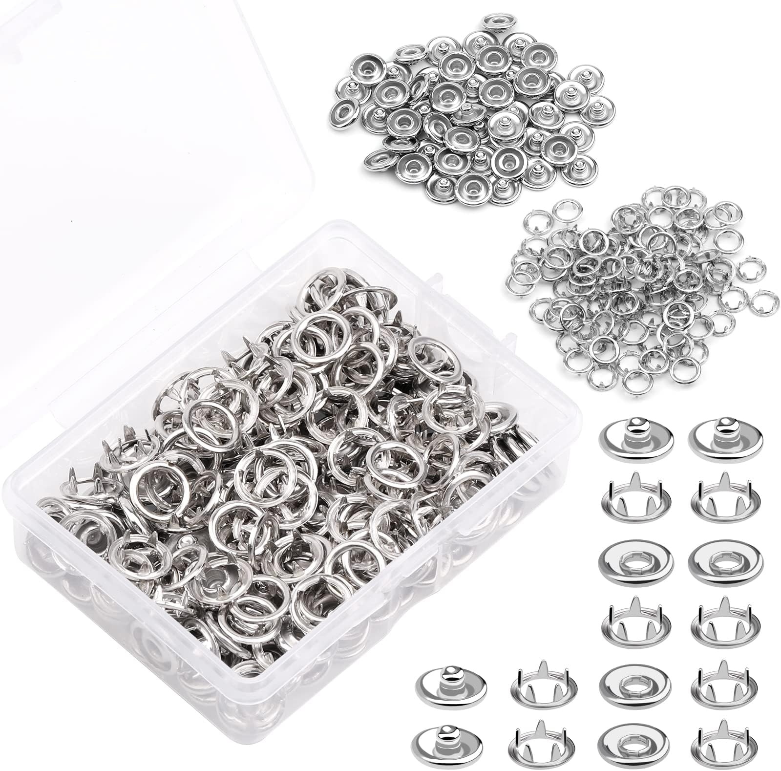 100 Sets Snap Button Kits, 9.5mm Metal Silver Snaps Buttons for Sewing and Crafting, Open Prong Snap Button Snap Fasteners Kit for Jeans, Fabric, Clothing, DIY Craft, Clothing Fasteners