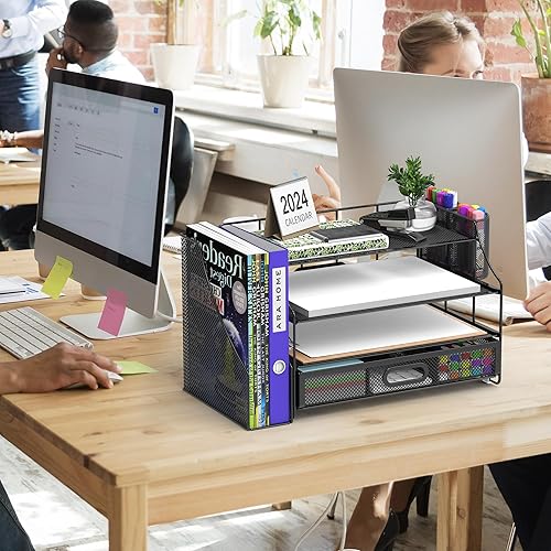 Miniatura 8 de Turfson Organizador de escritorio, organizador de escritorio y accesorios con cajón, suministros de oficina de 4 niveles con almacenamiento de papel