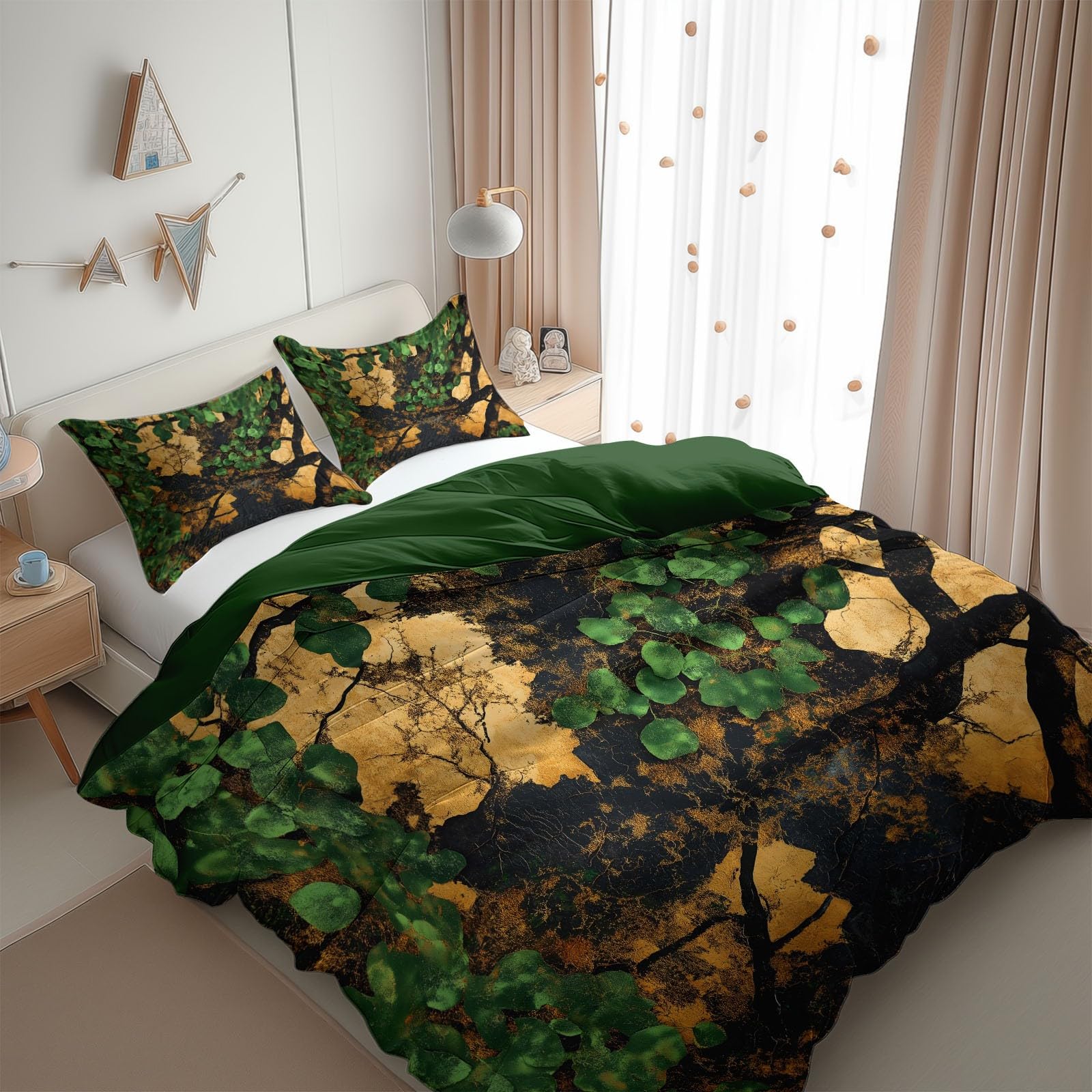 Komplet pościeli 240 x 220 cm liście moro pnącza poszwa na kołdrę z mikrofibry 2 osoby dla dzieci nastolatka dziewczyna, ciemnozielona, poszwa na kołdrę i 2 poszewki na poduszki 65 x 65 cm