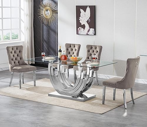 Miniatura 29 de Juego de 5 mesas de comedor de cristal plateado, mesa rectangular moderna de cocina y comedor de 70 pulgadas para 4, mesa de comedor de vidrio Mesa