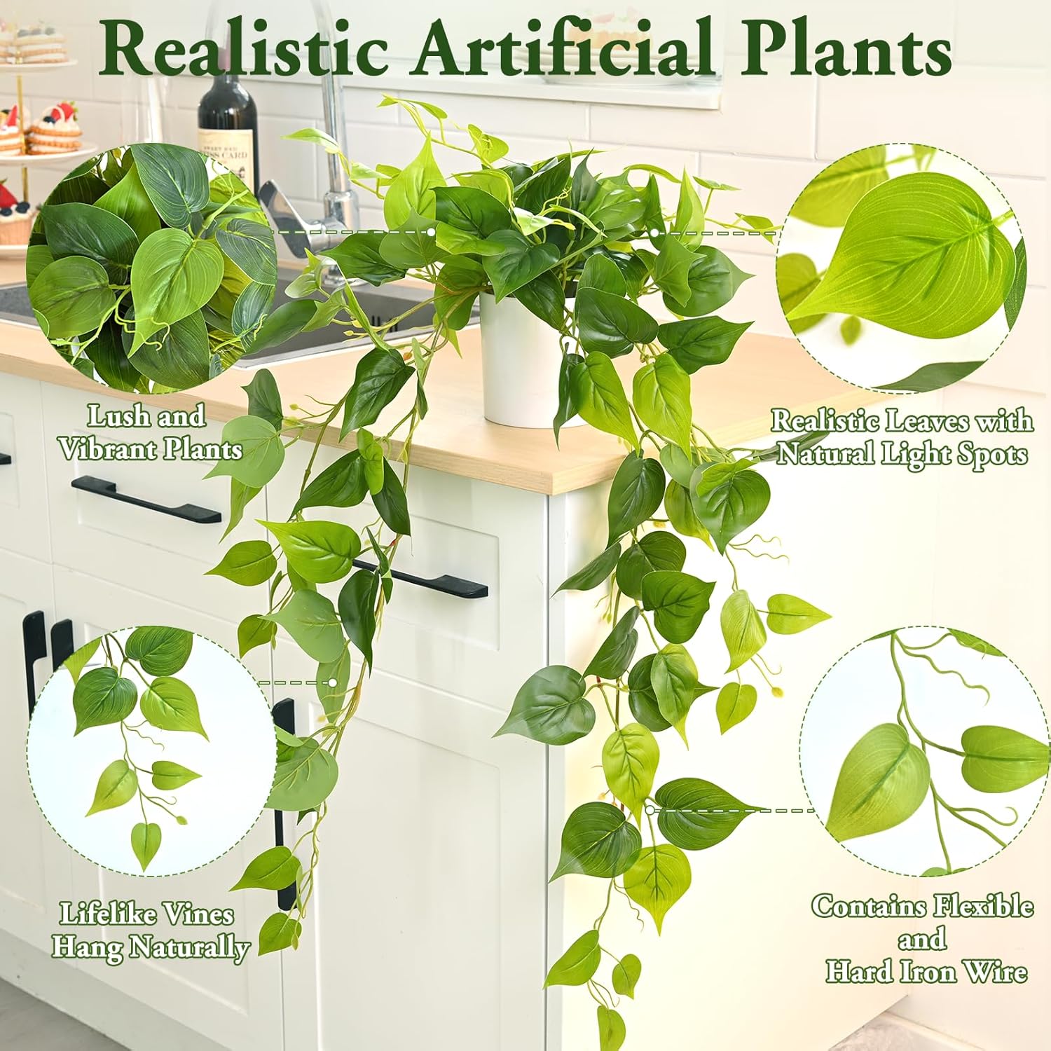 Waipfaru Artificial Plants Indoor, 2Pcs 34" Realistic Fake Pothos Hanging Plants Silk Vines Ivy Potted, Fake Pothos for Living Room Office Bedroom Bathroom Kitchen Shelves Indoor Home Decor
