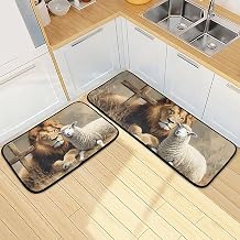 Cross Lion Sheep Kitchen Mats for Floor, 2-Piece Non-Slip Washable Kitchen Rugs for Home & Office - Ideal for Sink, Laundry & Bathroom Use - Size 19.7 x 47.2 & 19.7 x 27.6
