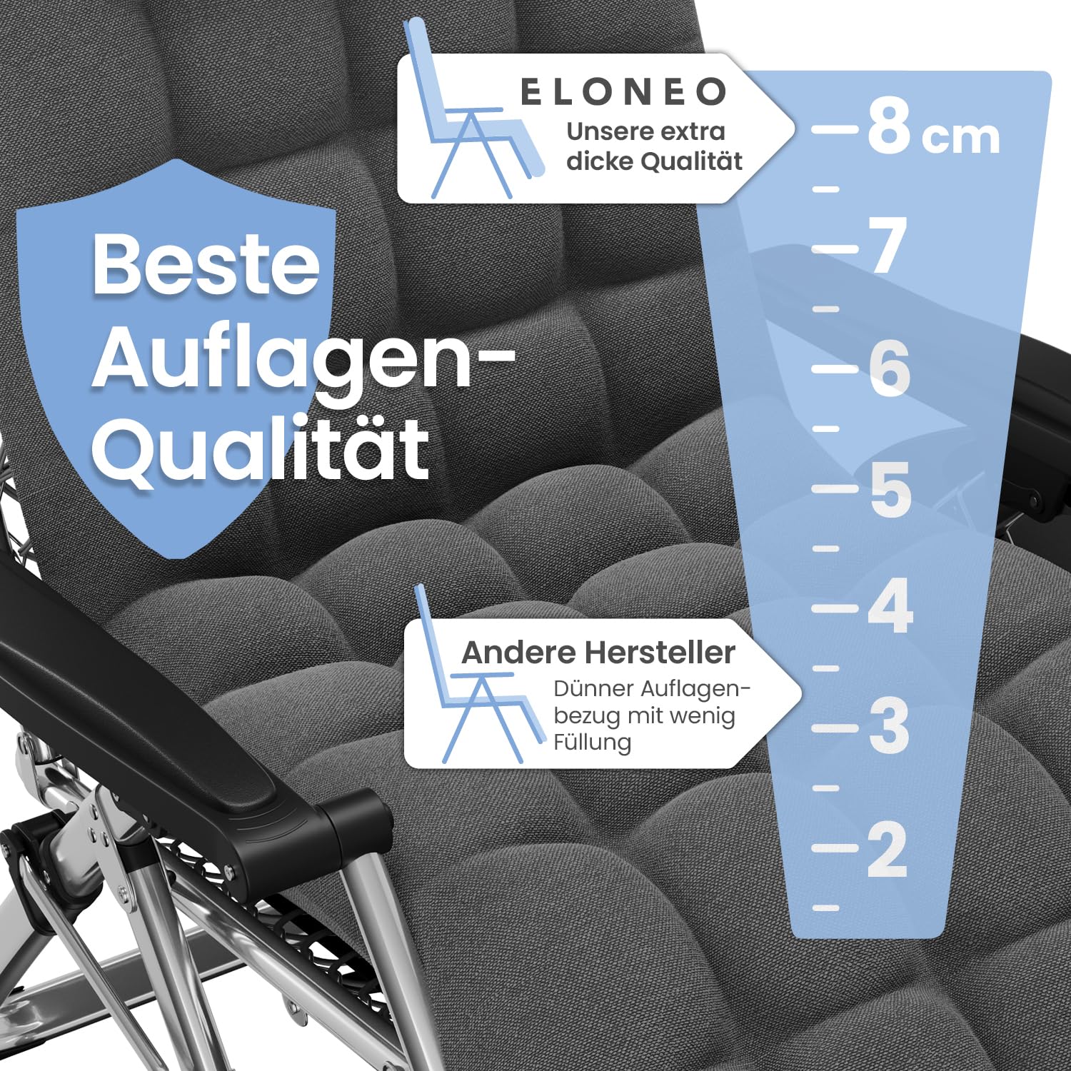 ELONEO Liegestuhl klappbar inkl. Premium Polster, Sonnenliege wetterfest mit 200 kg Belastbarkeit, Gartenstuhl extra breit, Gartenliege mit Verstellbarer Rückenlehne, Nackenkissen und Getränkehalter