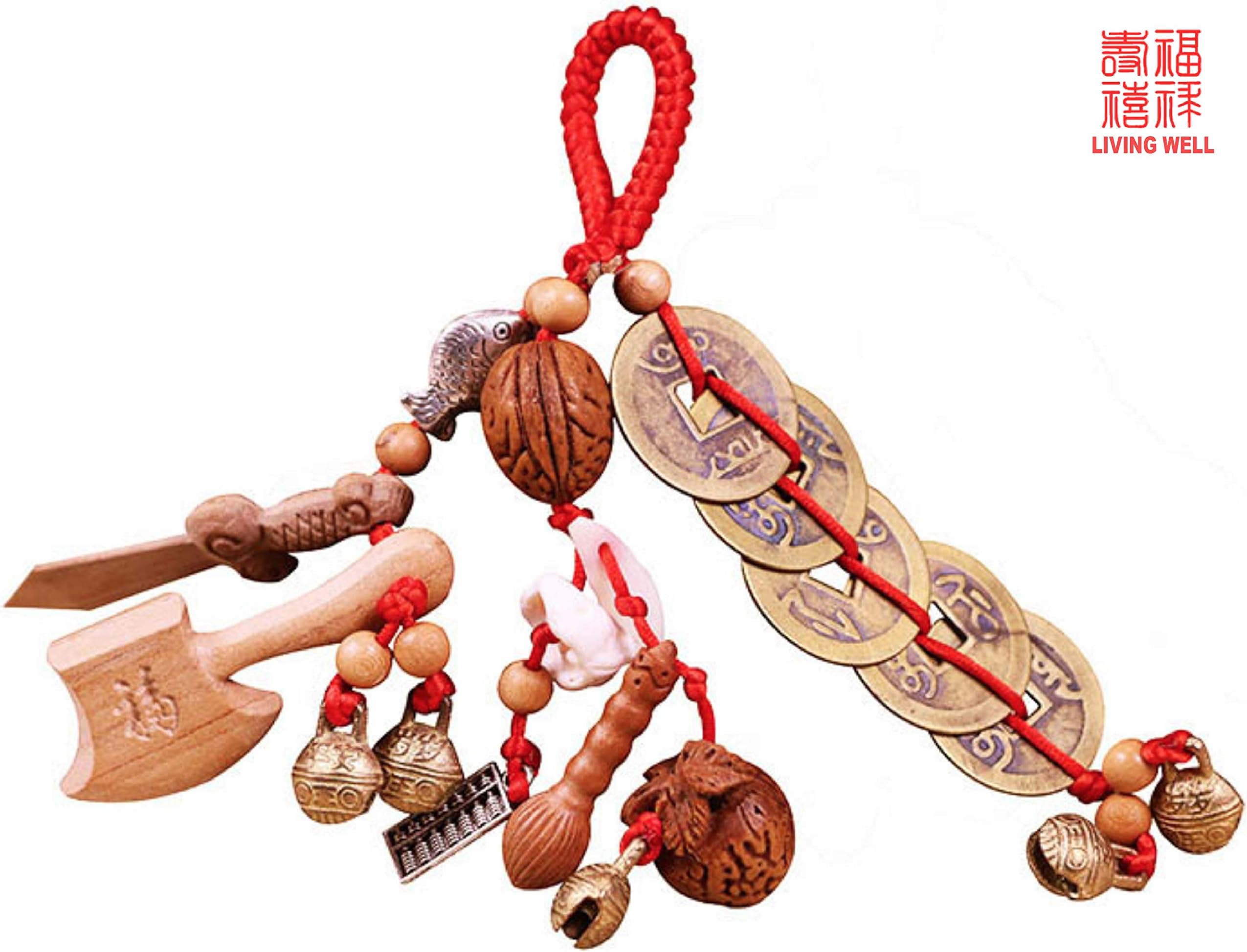 Living Well Feng Shui Protection Amulet - Peach Wood Sword and Axe, Pig Ear Bone, and Dog Tooth Pendant (Basic) 护身符 桃木剑 辟邪 转运 (Peach Wood Sword)