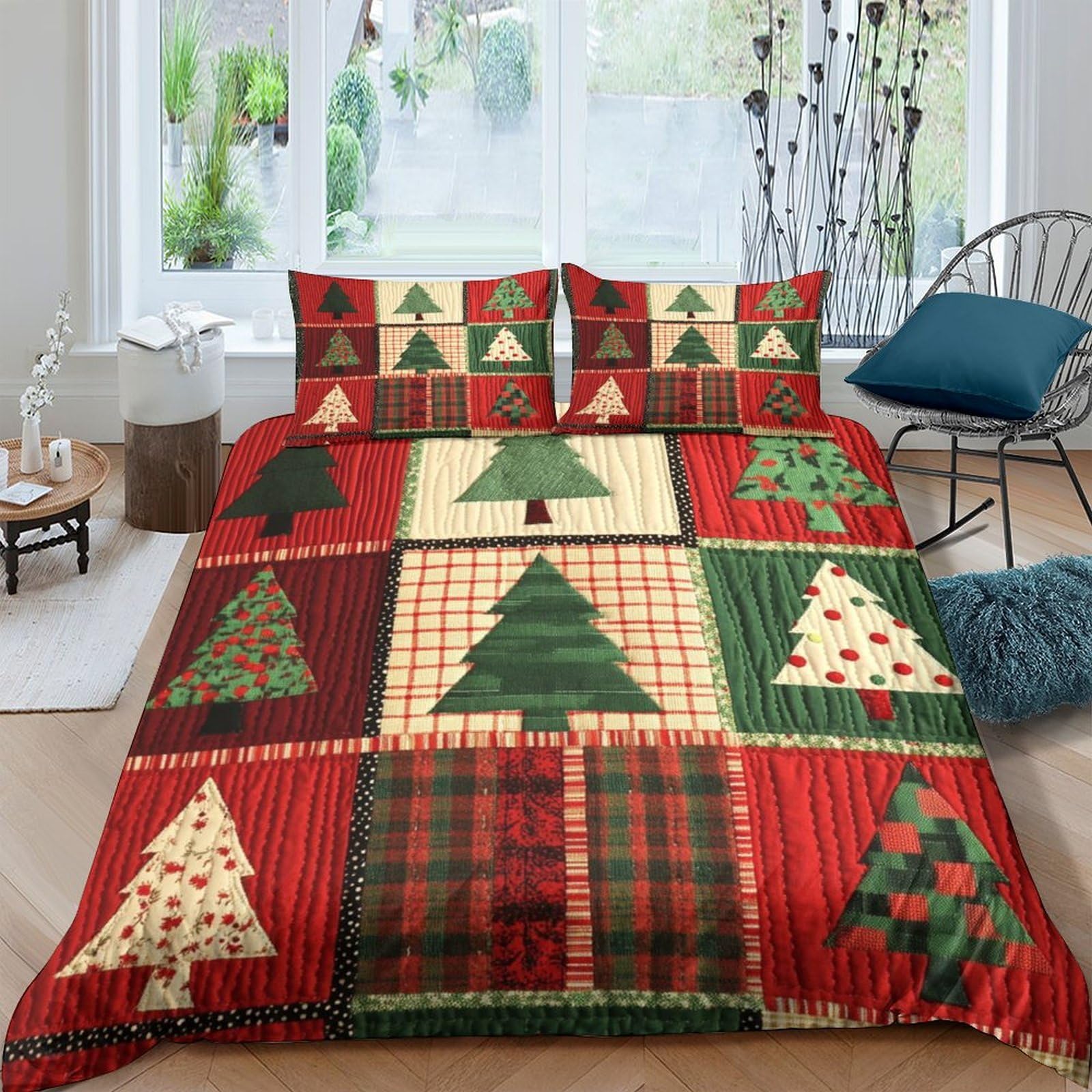 Ctjqhvkz Style-8 3D Printed Christmas Patchwork Fitted Sheet Microfiber Soft Red Green Plaid Tree Bed Cover For Bedroom Guest Room Single（135X200cm）