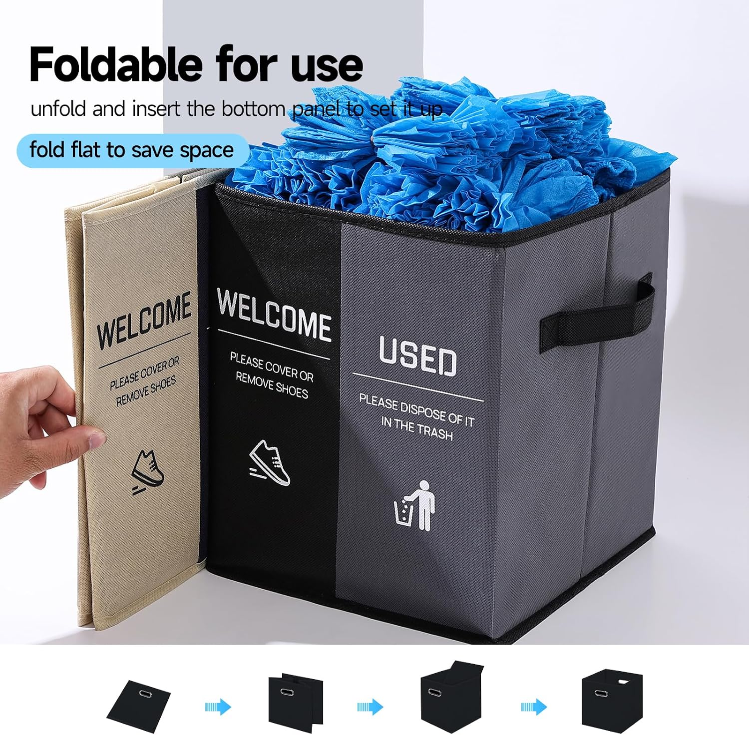 Foldable Shoe Cover Box Dispenser Storage Box Storage Bin Holder with Used Shoe Covers and Welcome Please or Remove Sign for Open House Supplies (Black, Gray) image 5