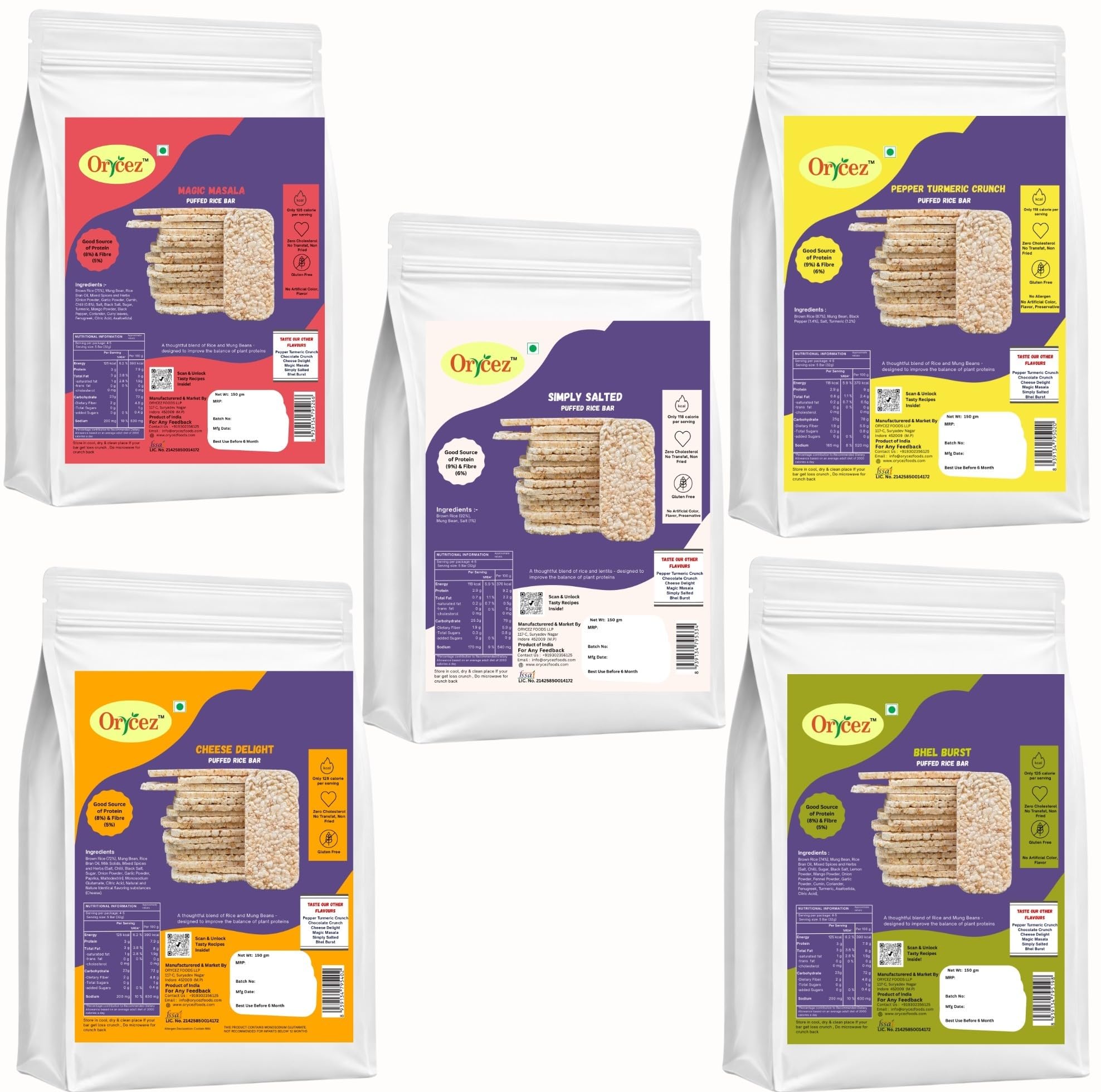orycez multi-flavour rice cake (150g × 5 family pack) flavours: simply salted, pepper turmeric, cheese delight, bhel burst, magic masala perfect for party packs and evening snacks. guilt-free, non-fried, rich in plant protein & high in fibrepack, evening snack, guilt free, non fried, plant protein & hight fibre