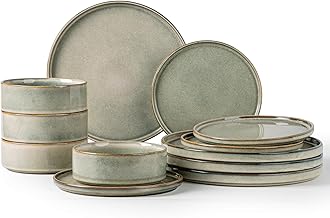 AmorArcCeramic Dinnerware Sets, Handmade Reactive Glaze Stoneware Plates and Bowls Sets,Highly Chip and Crack Resistant | Dishwasher & Microwave Safe Dishes Set, Service for 4 (12pc)