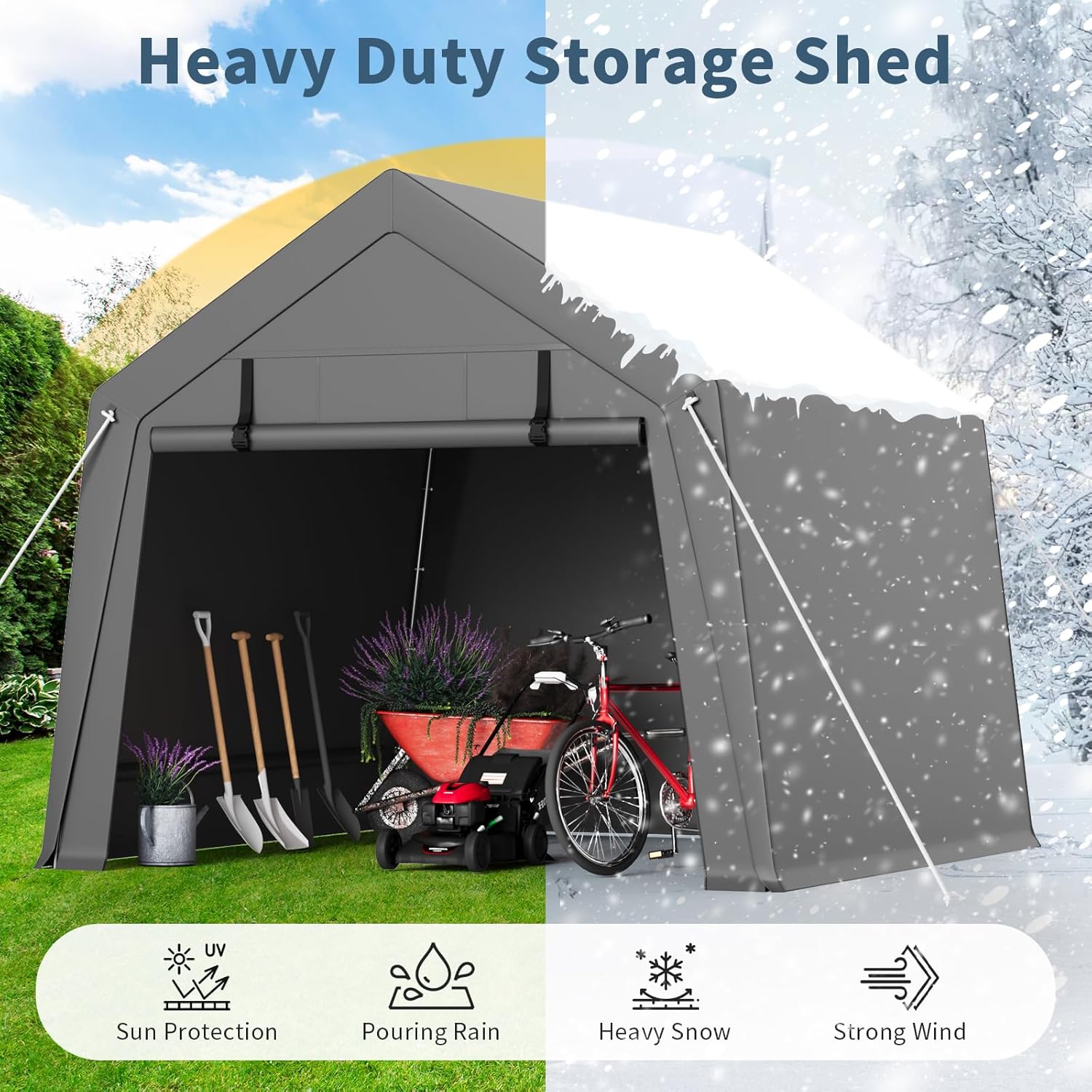 10'x10' Outdoor Portable Storage Shed, Waterproof & UV-Resistant Garage Shelter with 2 Roll-Up Zipper Doors, Anti-Snow Carport Tent for Motorcycle, Bike, and Outdoor Equipment, Gray - Image 4