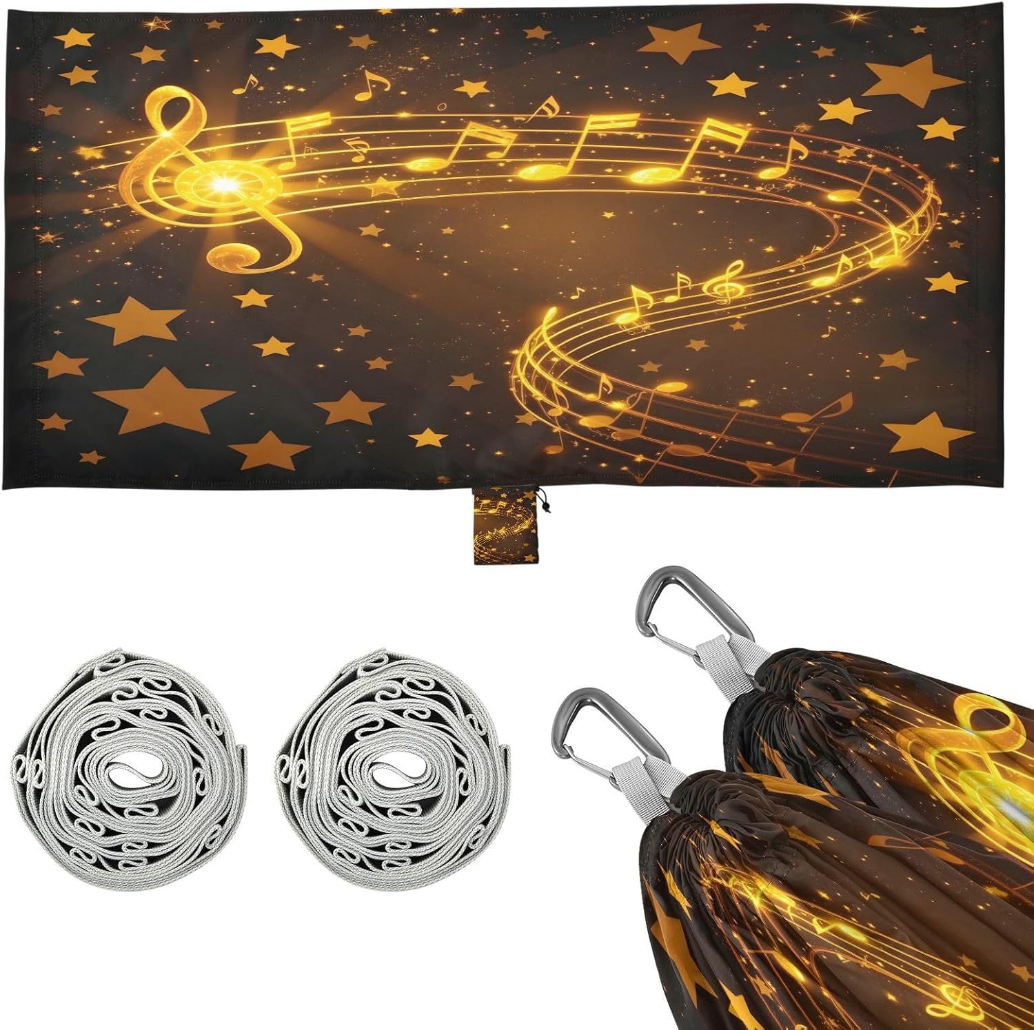 ALAZA Gold Music Notes Stars Camping Hammocks Single or 2 Person 500 lbs Portable Parachute Travel Hammock w/Tree Straps for Hiking Backpacking Indoor Outdoor