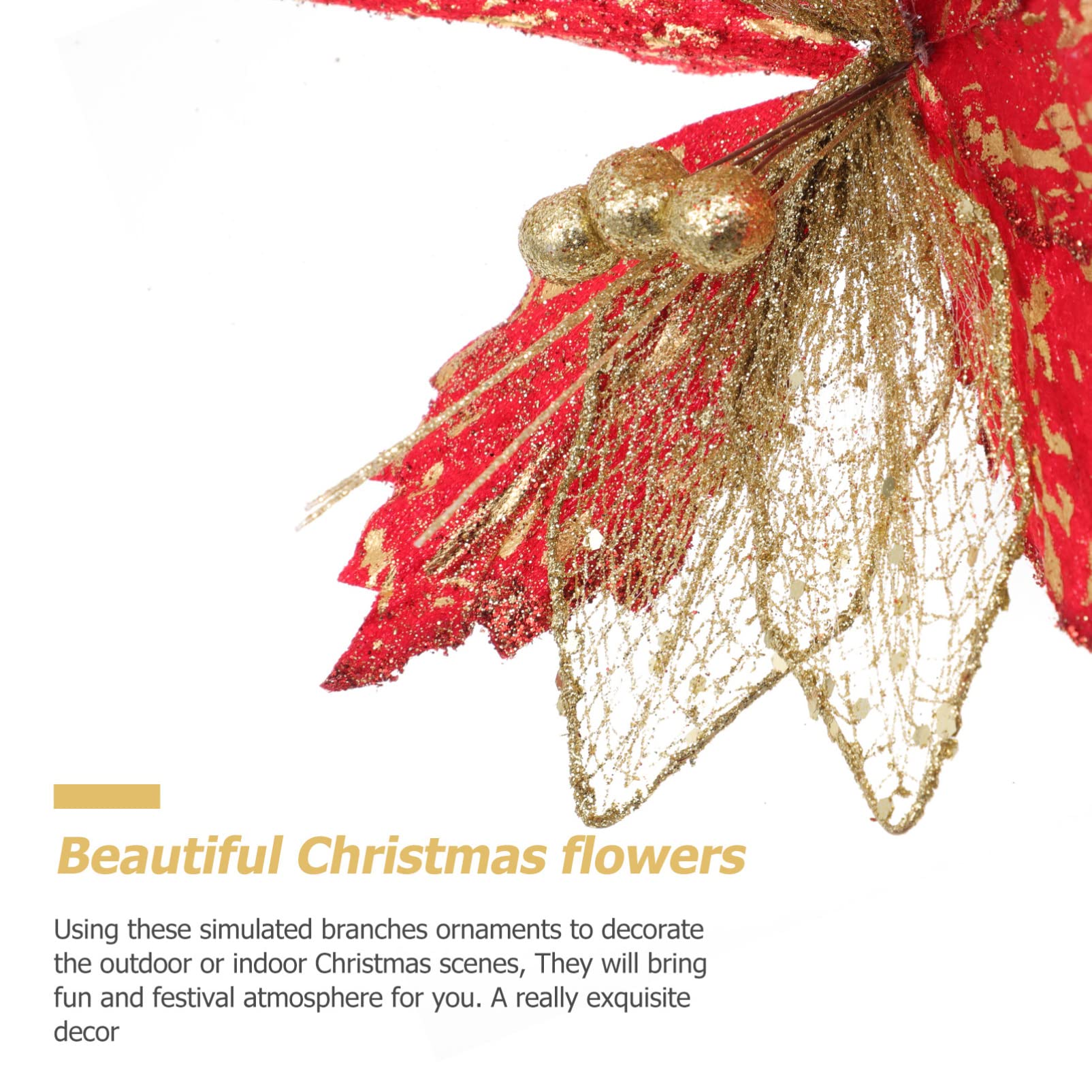 2 pièces Fleurs de noël artificielles Fleurs de Mariage Guirlande de Paillettes Pics tiges de Fleurs d'arbre de noël Couronne de Poinsettia tiges de Poinsettia artificielles Couronne décor