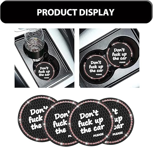 Miniatura 10 de UGSHY 4 posavasos estampados con frase popular para automóvil, de 2.75 pulgadas, anillo exterior con incrustaciones de diamantes de imitación,