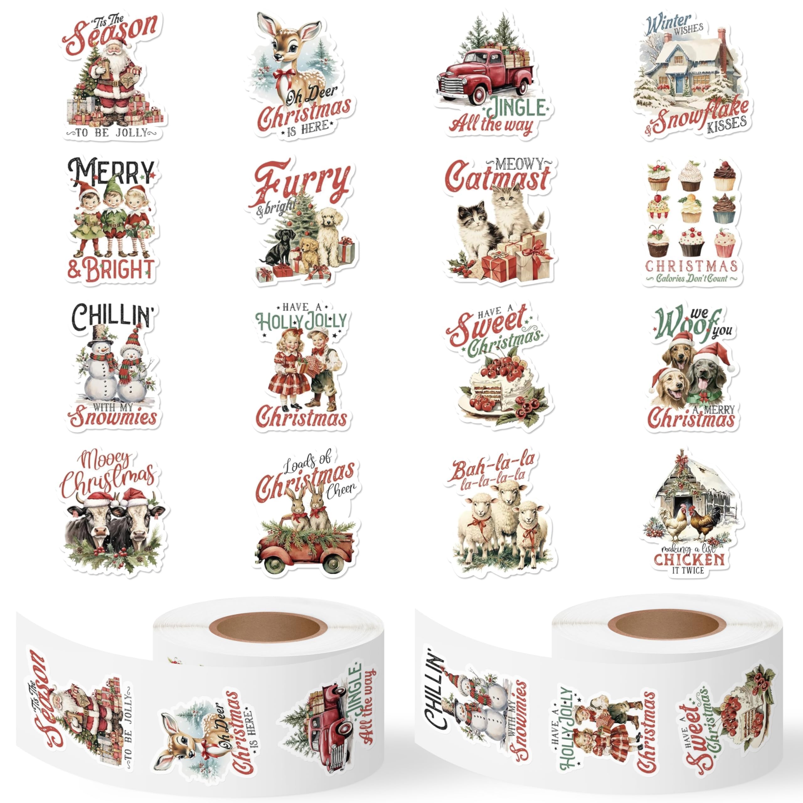 8TEHEVIN Vintage Winter Stickers - 1000pcs Vintage Christmas Sticker Rolls(2 Rolls) Cartoon Christmas Stickers Santa Snowman Snowflake Reindeer