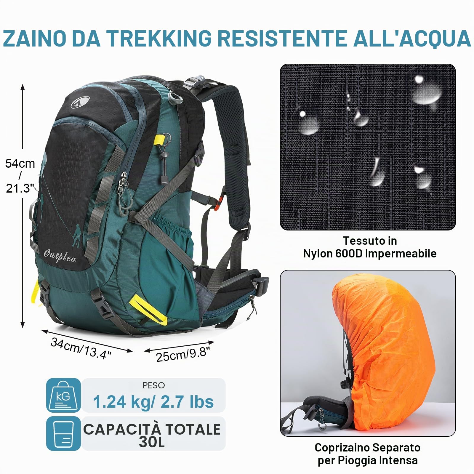 Zaino da trekking con telaio interno con supporto posteriore traspirante per uomo e donna, piccolo zaino da campeggio con copertura antipioggia, verde