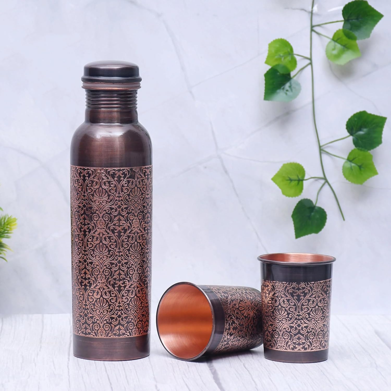 Pure Copper Water Bottle with 2 Glasses Black Antique Engraving Design Capacity 1450 ML Antique Engraving Copper 7x7x28 CM