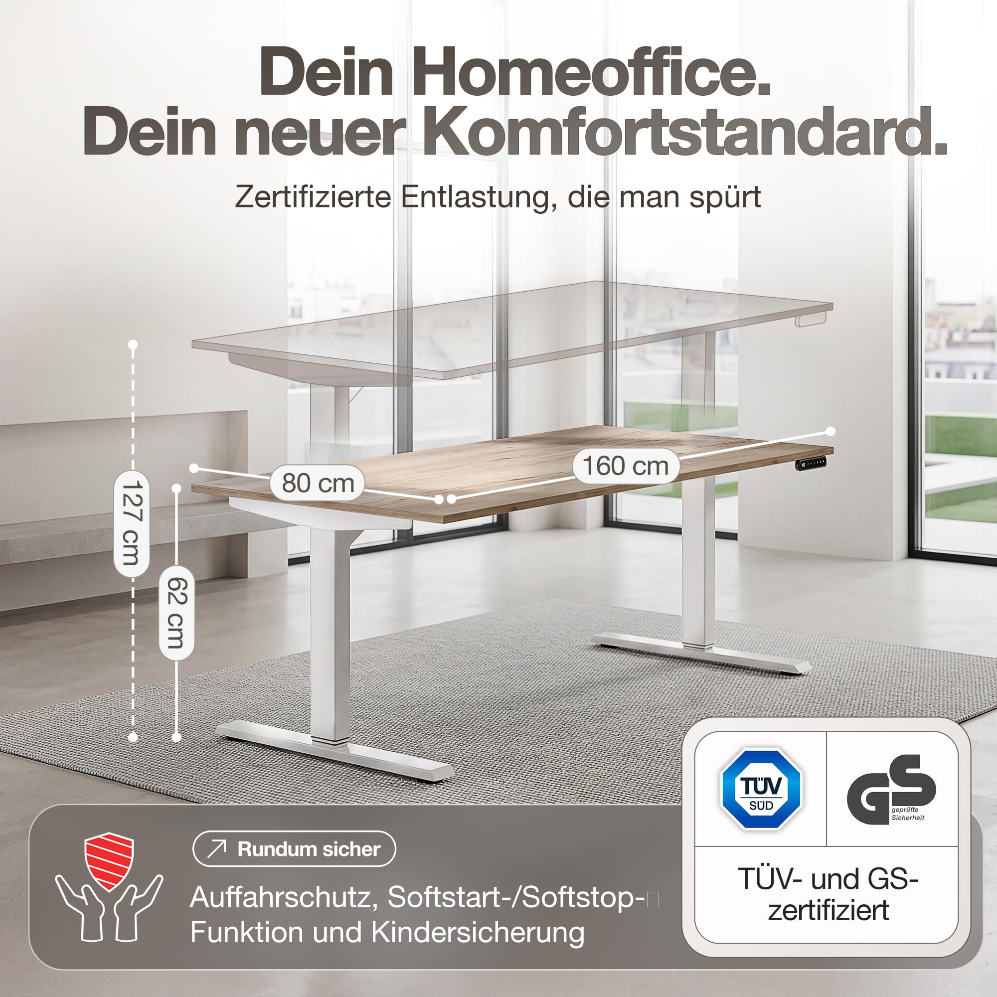 ASSMANN Höhenverstellbarer Schreibtisch elektrisch, 160x80cm, TÜV-geprüft