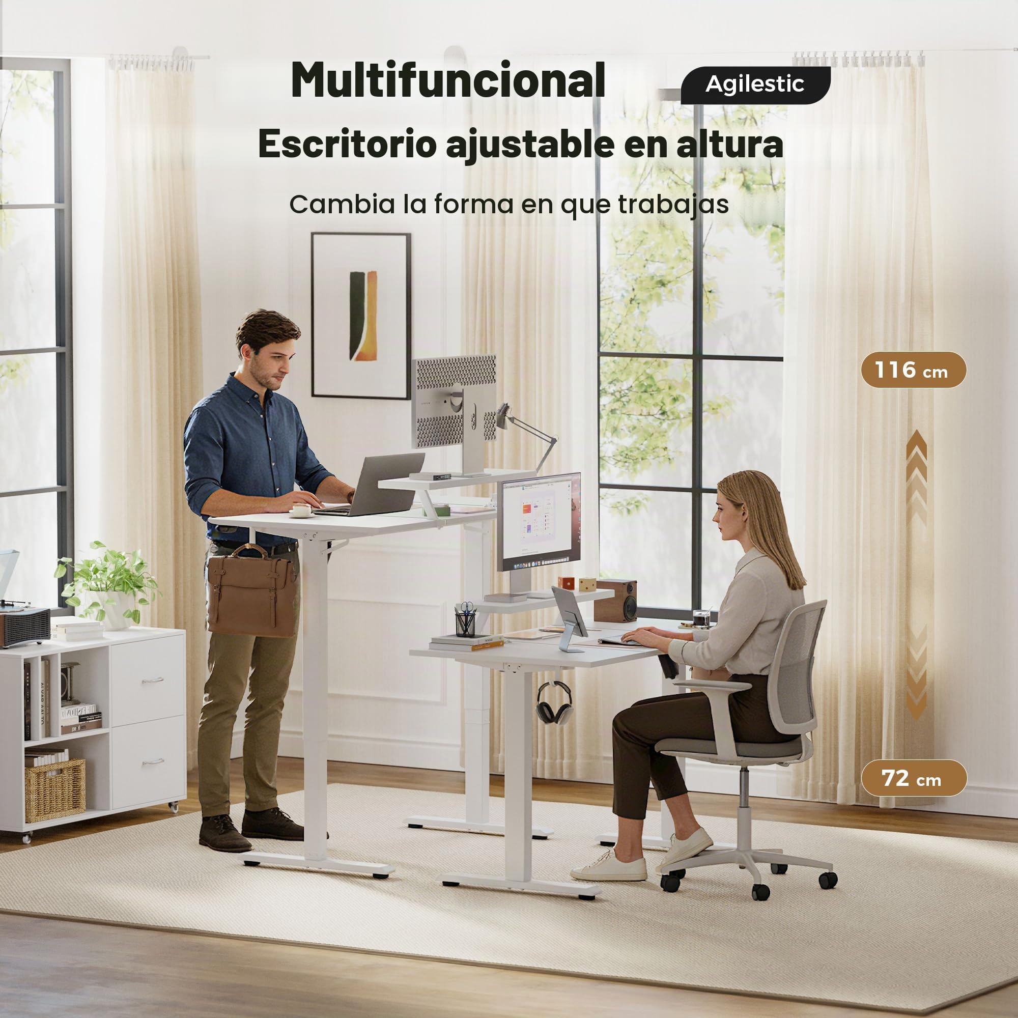 Agilestic Escritorio de Altura Ajustable 160 x 60 cm, Escritorio con Soporte de Monitor Móvil, para Homeoffice, Oficina, Blanco