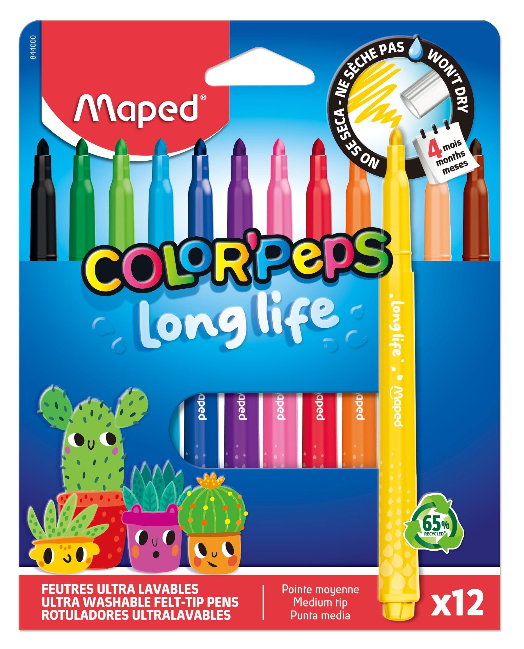 Maped - Color Pep's Long Life Pens - School Supplies - Washable Pens with Super Resistant Blocked Tip - Does not dry without cap - Bright colours - Excellent coverage - x12