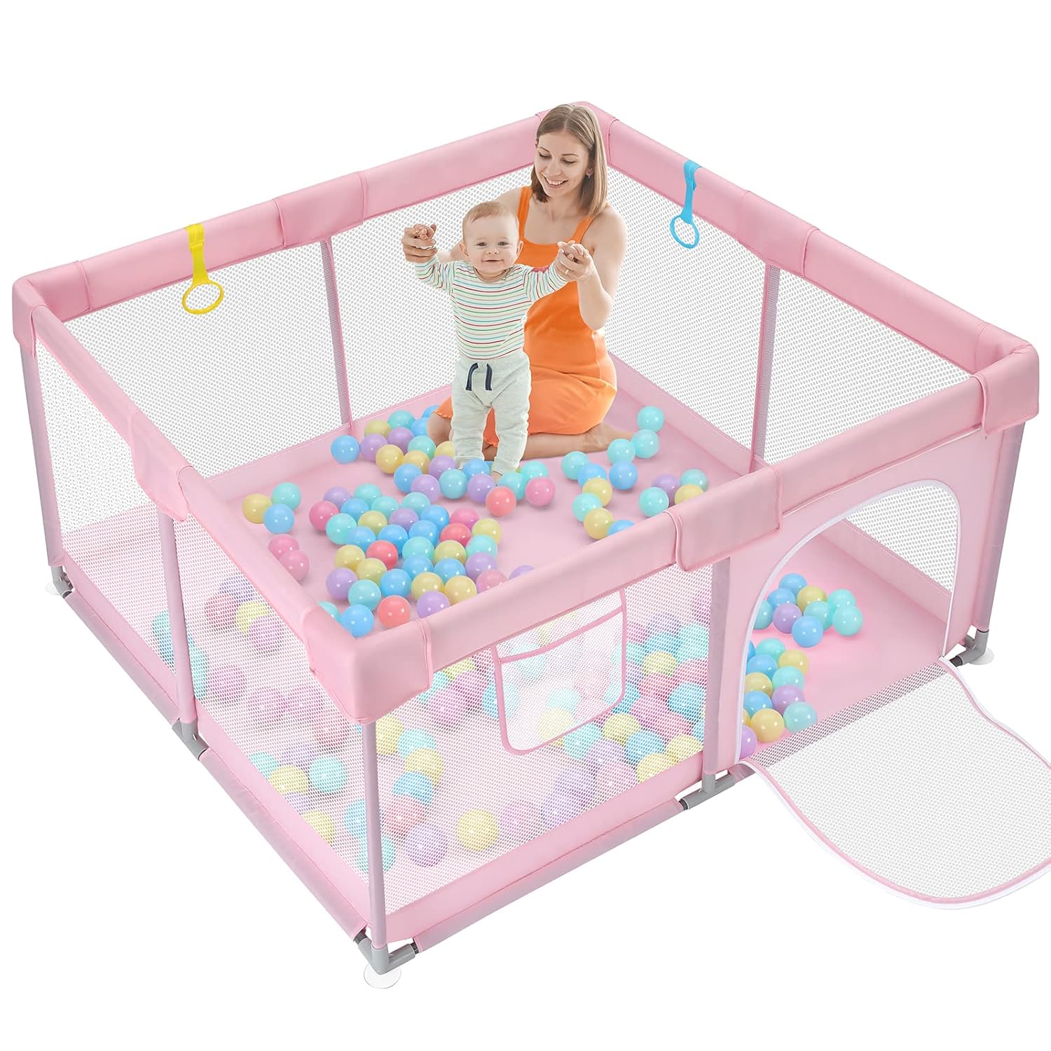 Dripex Playpen for Babies and Toddlers, Safe Anti-Fall Play Yard, Visible Play Pen with Gate, Baby Fence Play Area with Pull-up Ring, Washable Baby Play Yards, Anchor Grey, 50x50
