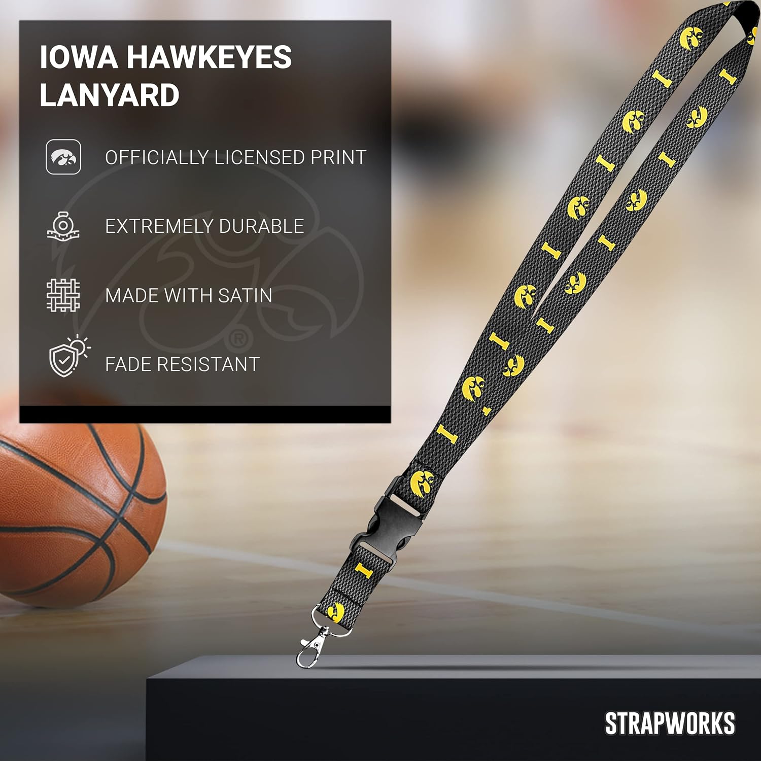 Iowa Hawkeyes Hawk On Carbon Fiber Lanyard - Satin Keychain Necklace, ID Badge Holder - 1 Inch