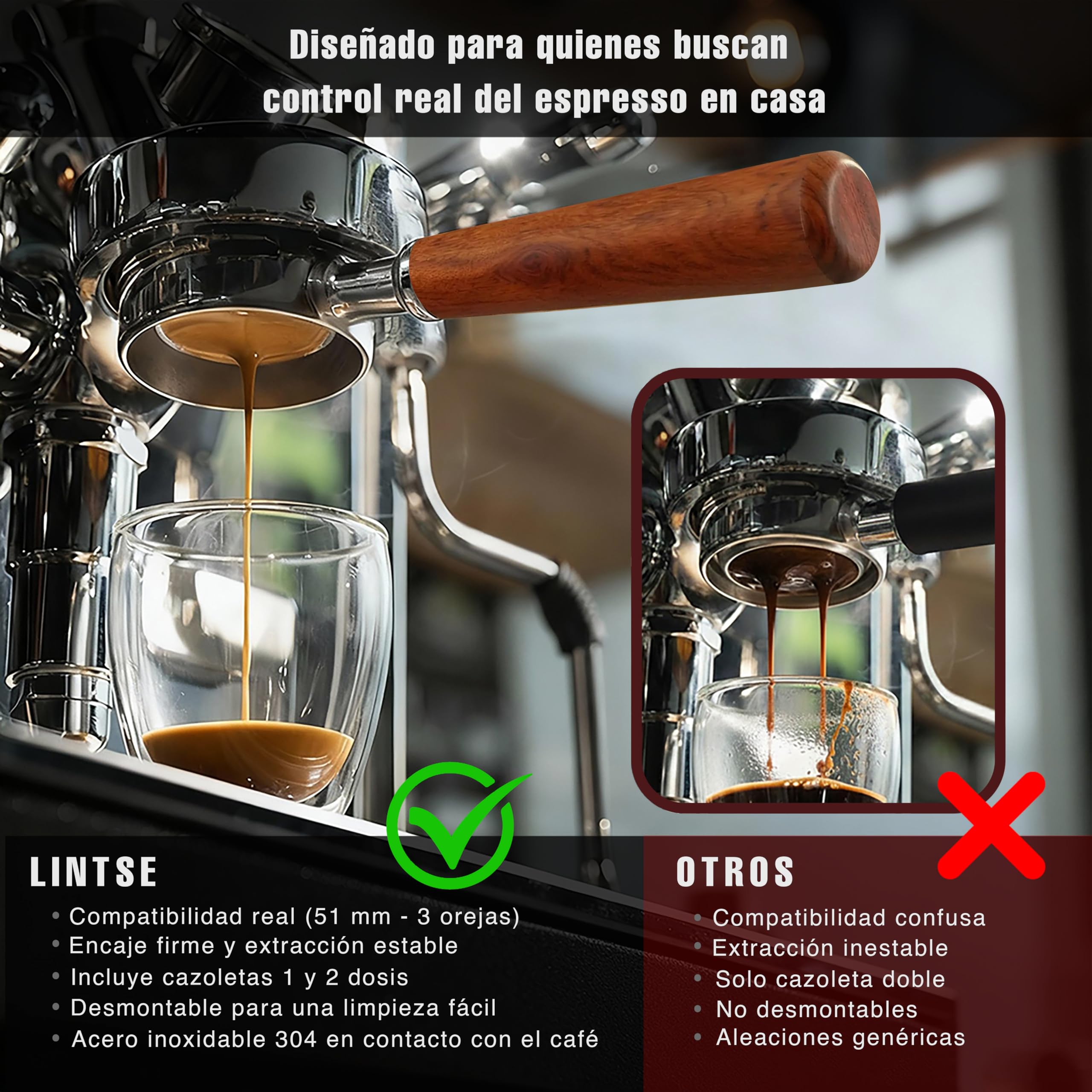 Portafiltro Sin Fondo 51mm para Espresso Preciso, Compatible con Portafiltro Delonghi Dedica, Incluye Kit Barista 51mm para una Preparación más Consistente, Madera Palosanto