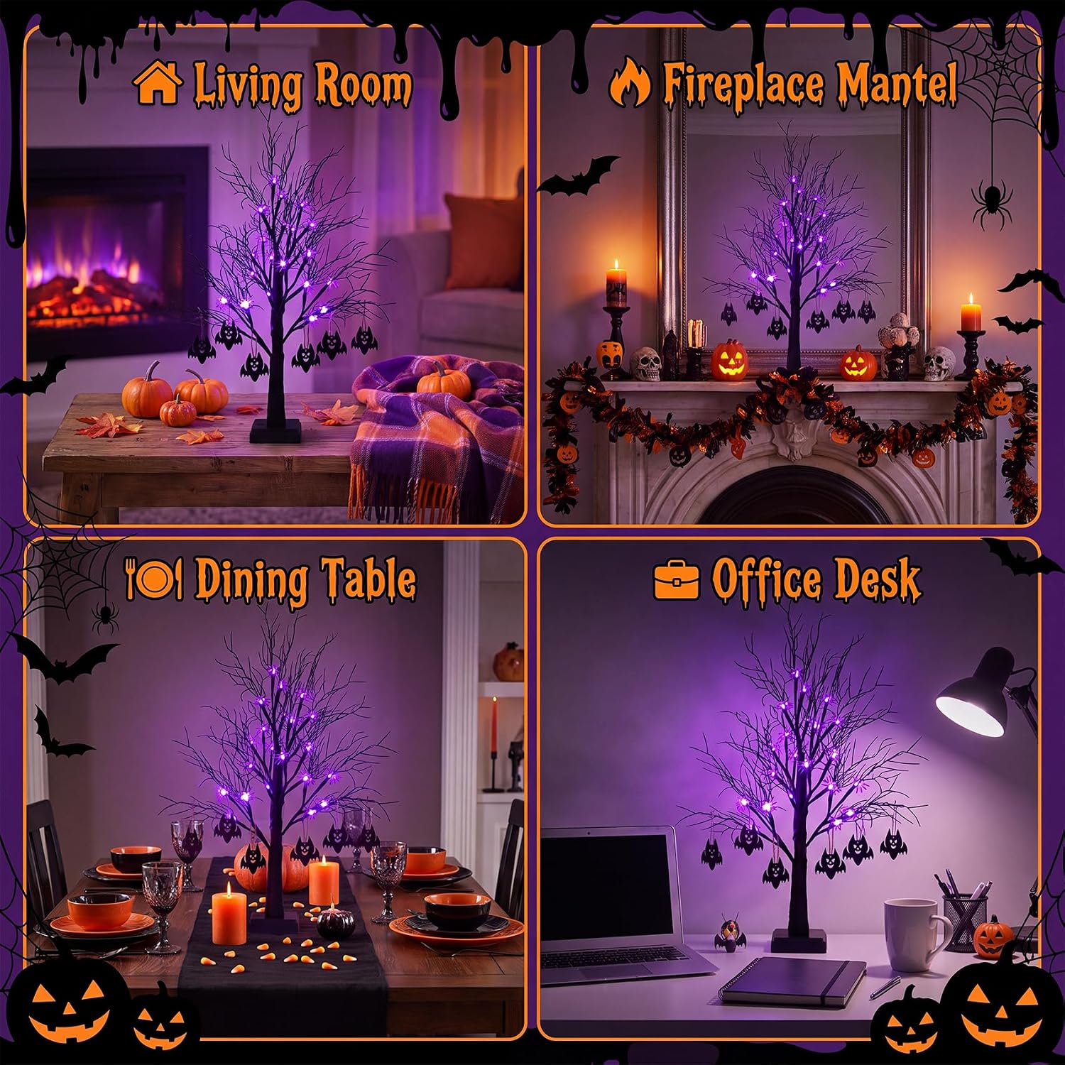 2FT Black Halloween Tree, Spooky Tree with 20 Spider & 24 Purple Lights and 6 Bat Decorations Battery Powered Tabletop Bonsai Tree Decoration for Halloween and Indoor
