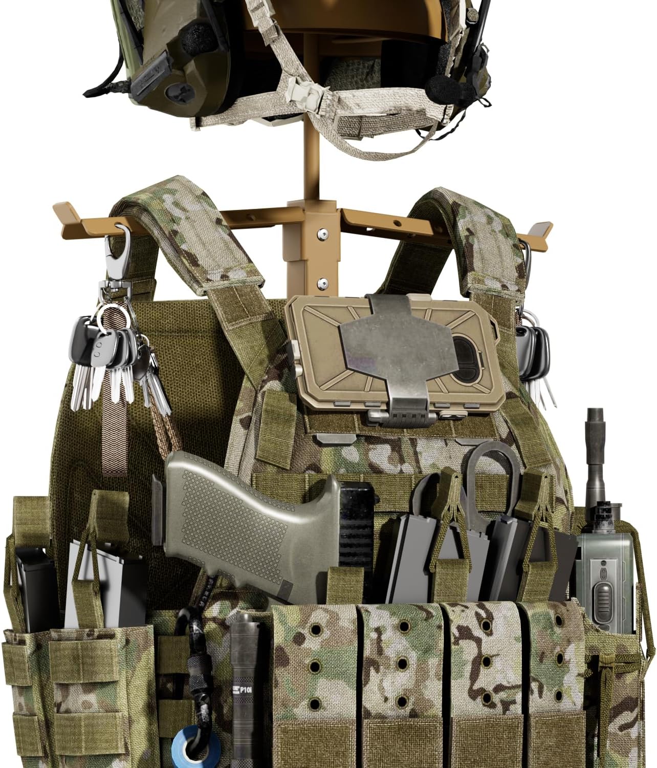 Tactical Military Gear Stand, Heavy Duty Tactical Gear Support Stand Helmet Vest Belt Rack, Motorcycle Helmet Holder Stand Display Organizer, Indoor Home Garage, Tan