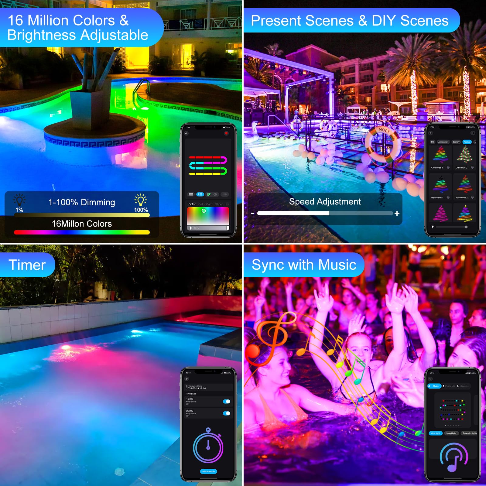 T-SUNUS Lumières LED Submersible RGB, Projecteurs Lampe Spot APP Contrôlable avec Télécommandes IP68 Étanche Lampe Piscine pour Jardin Piscine Étang 8 en 1
