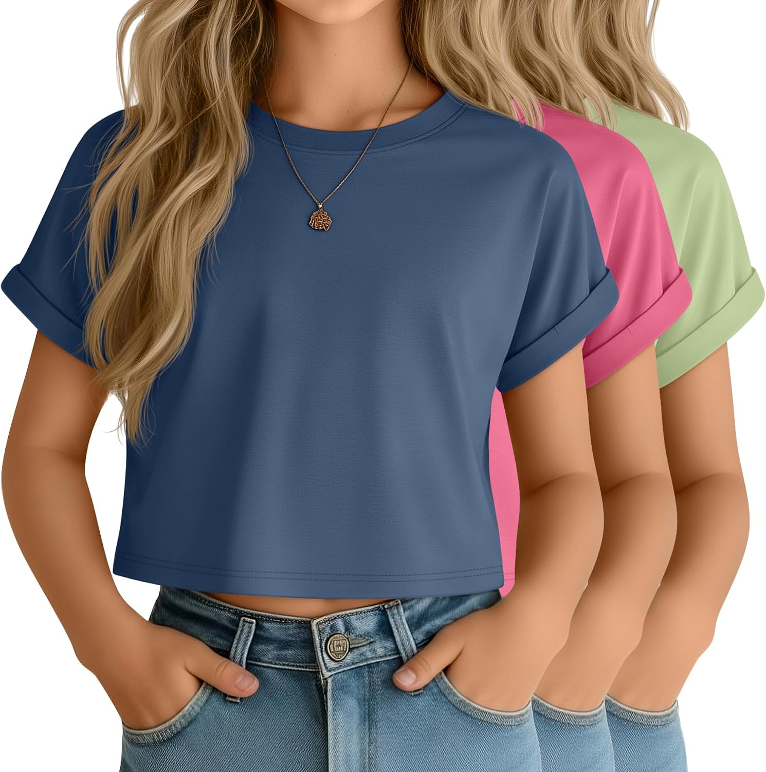 3 Pack Girls Crop Tops 5-14 Years Short Sleeve Rolled Cuff Crewneck Tween Shirts Athletic Summer Teen Tees