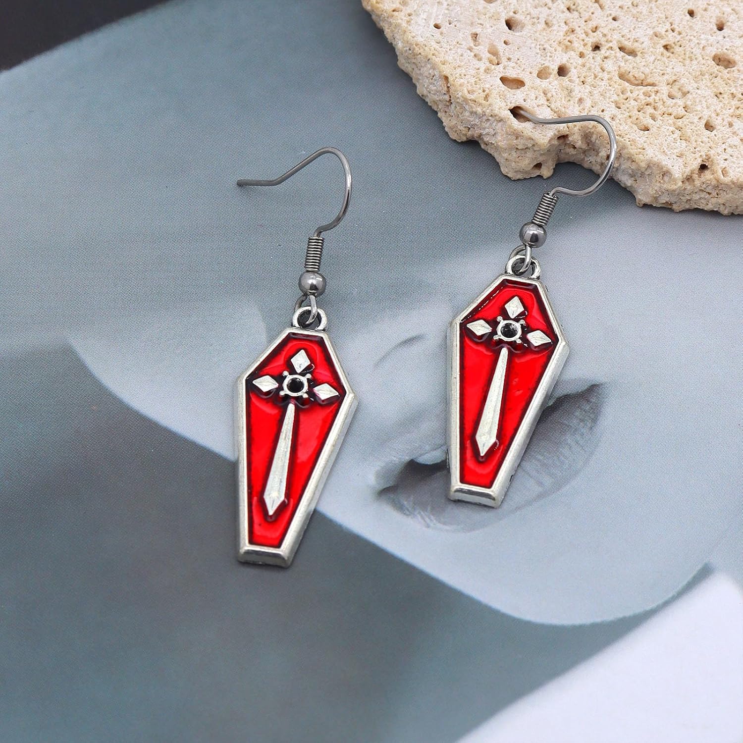 Gothic Cross Vampire Coffin Dangling Earrings for Women,Red Dripping Blood Heart Drop Dangle Earrings,Halloween Party Thriller Jewelry Accessories - Image 5