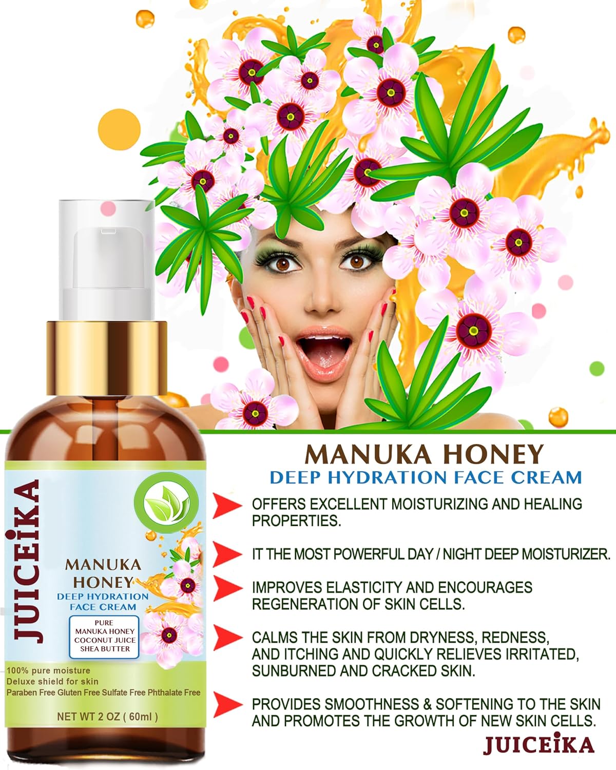 MANUKA HONEY Deep Hydration Face Cream Face Moisturizer. Manuka Oil, Aloe Vera, Shea Butter, Coconut Oil, Jojoba Oil, Squalane, Hyaluronic Acid, Avocado Oil 2 Fl. oz. - 60 ml.