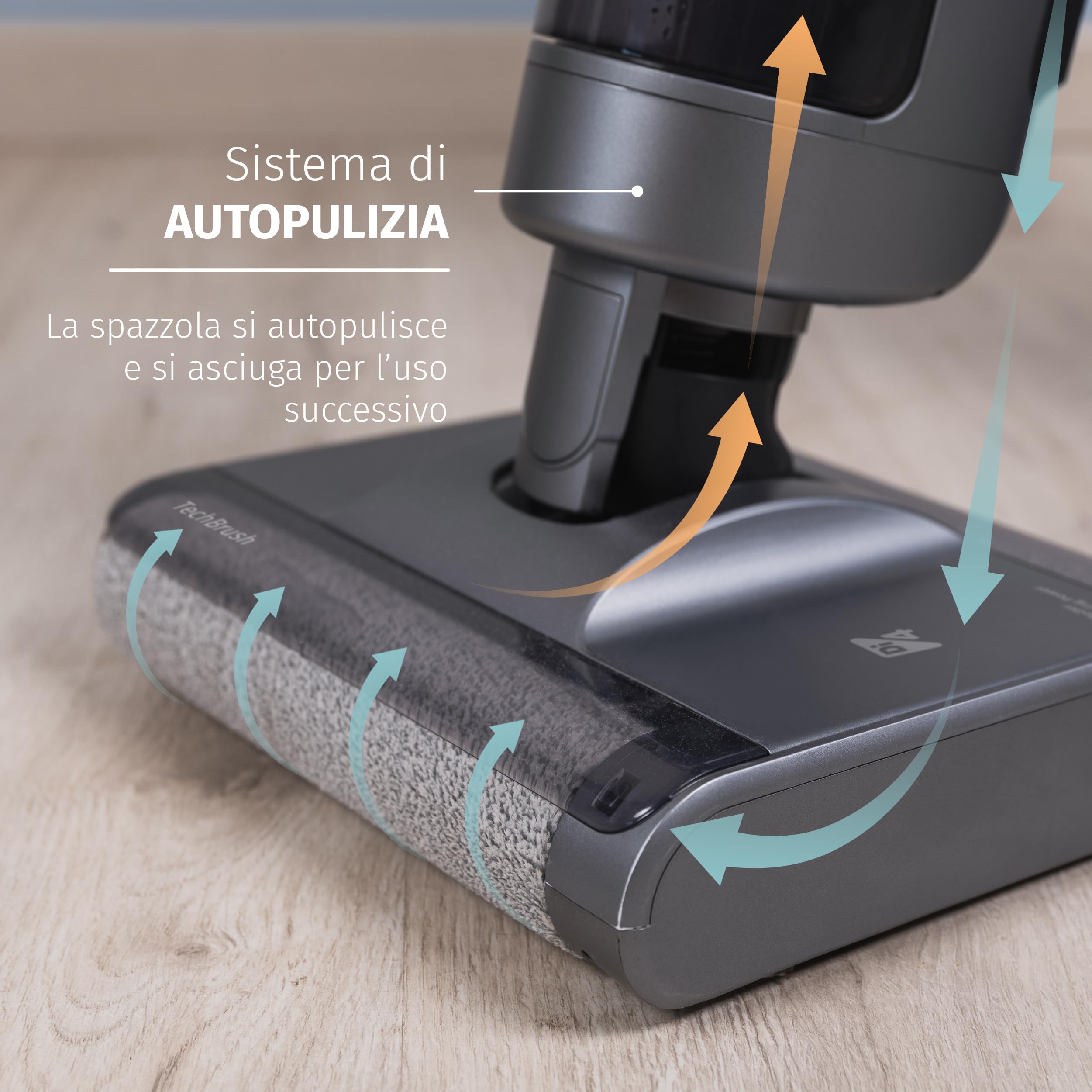Di4 Velluto Doppio Lavapavimenti Elettrico 2‑in‑1 – Aspira, Lava e Asciuga, Doppio Rullo, Motore Digitale 200W, Autopulizia, Sensore di Sporco, 26 min di Autonomia, Display LED, Trazione Automatica