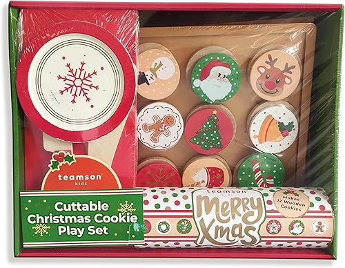 Miniatura 4 de Teamson Kids Juego de comida de madera para cortar galletas navideñas con galletas, decoraciones y bandeja de galletas, para 3 años en adelante,