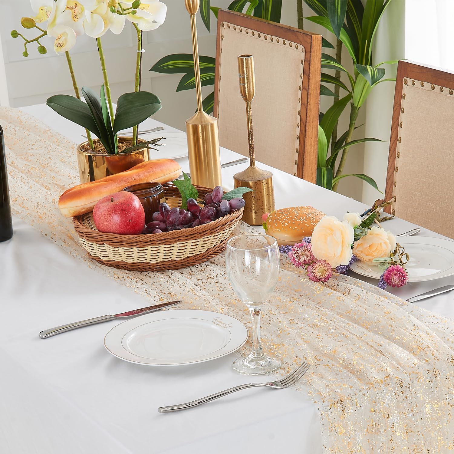 10FT 6PCS Gold Table Runners, 120 Inch Tulle Sheer Golden Table Runner Sequin Glitter Metallic Foil Boho Table Cover Chiffon Cheesecloth for Wedding Bridal Baby Shower Birthday Party Decoration