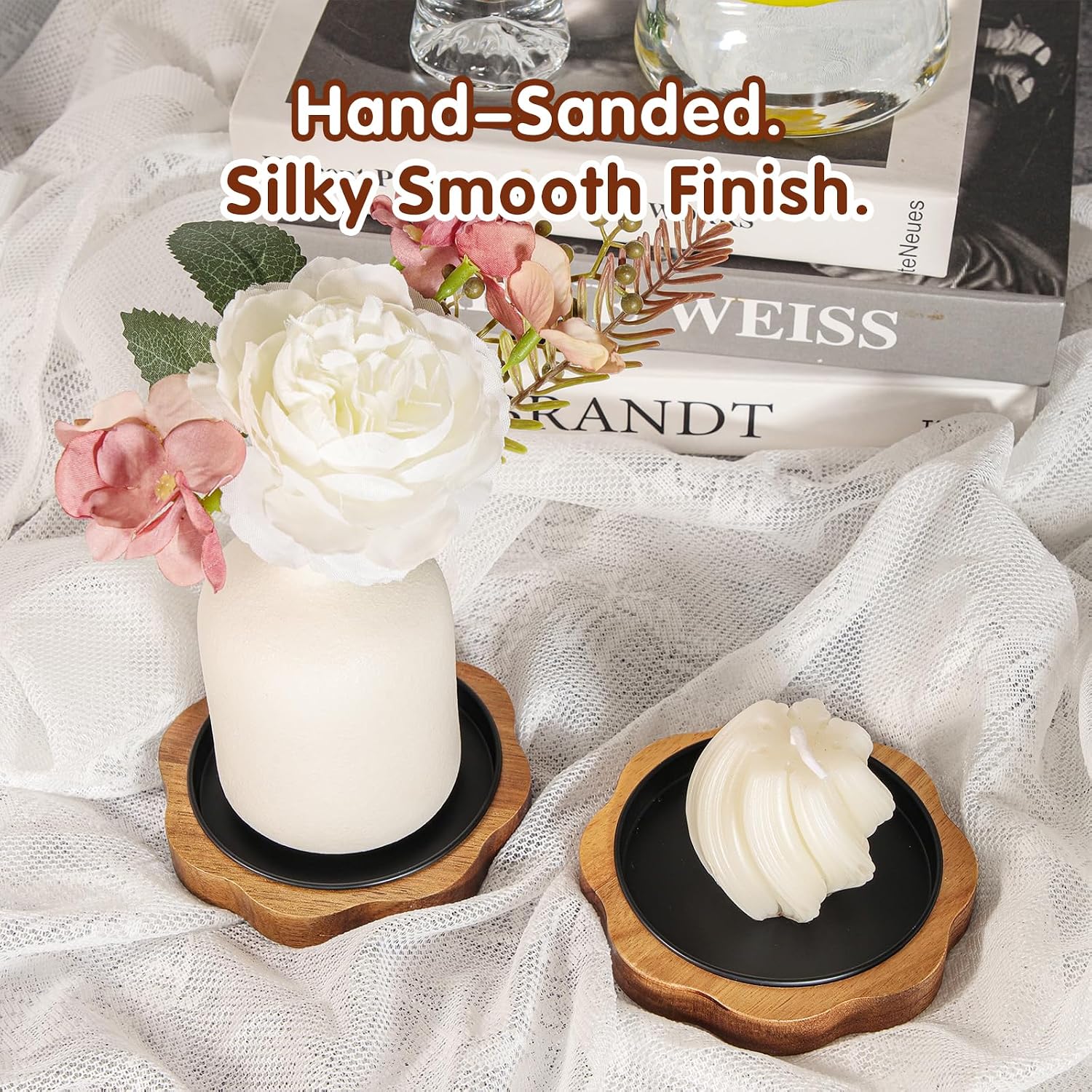 Flower Wooden Candle Holder 2-Pack, Rustic Acacia Wood, Unique Petal Design, Pillar Candlestick Stand, Fits 3.35" Dia Candles, Farmhouse Table Centerpiece