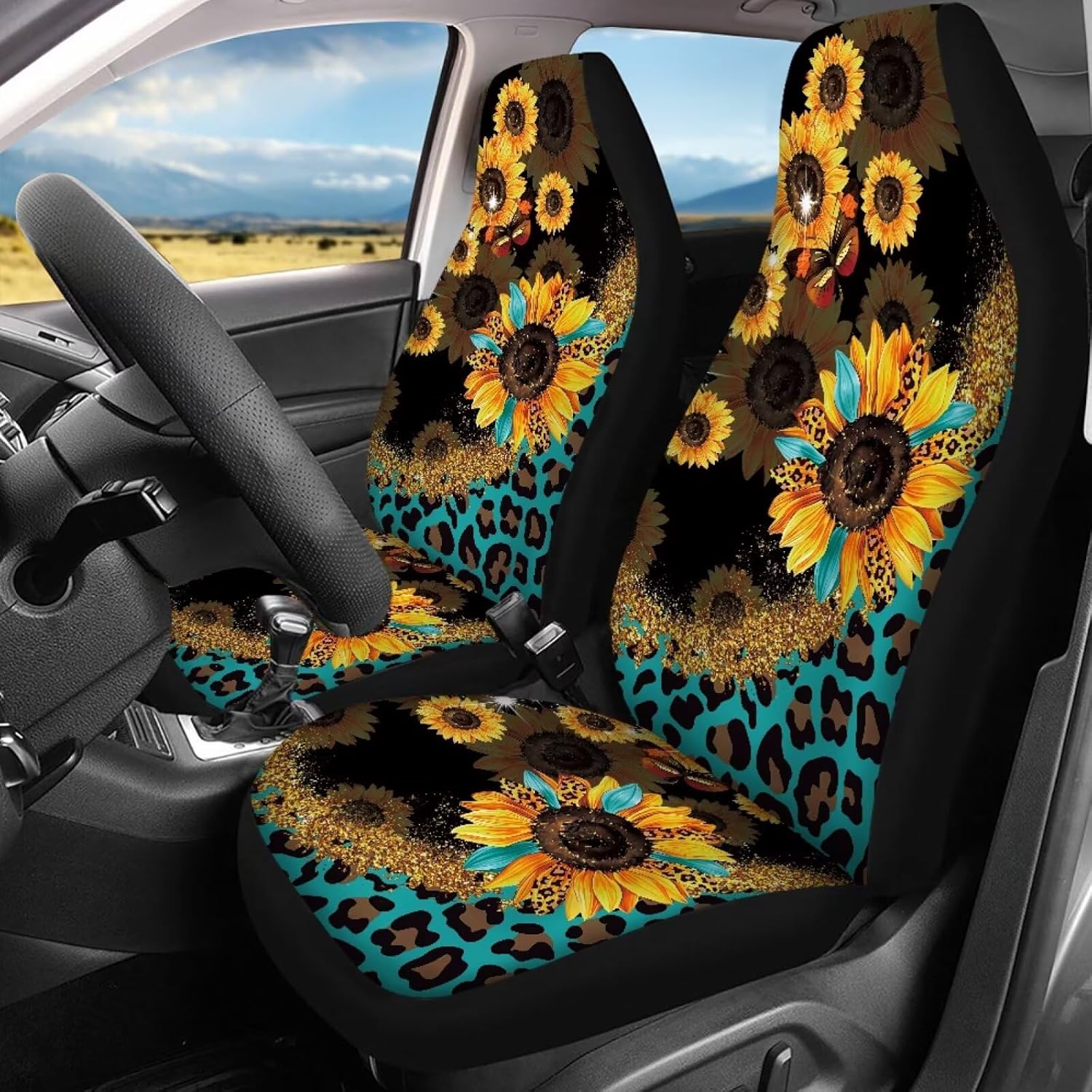 Boho Cars Seat Covers for Women Men Sunflower Print Car Interior Accessories Auto Front Rear Seat Protector Set Non-Slip Fit for Sedan Suvs Car