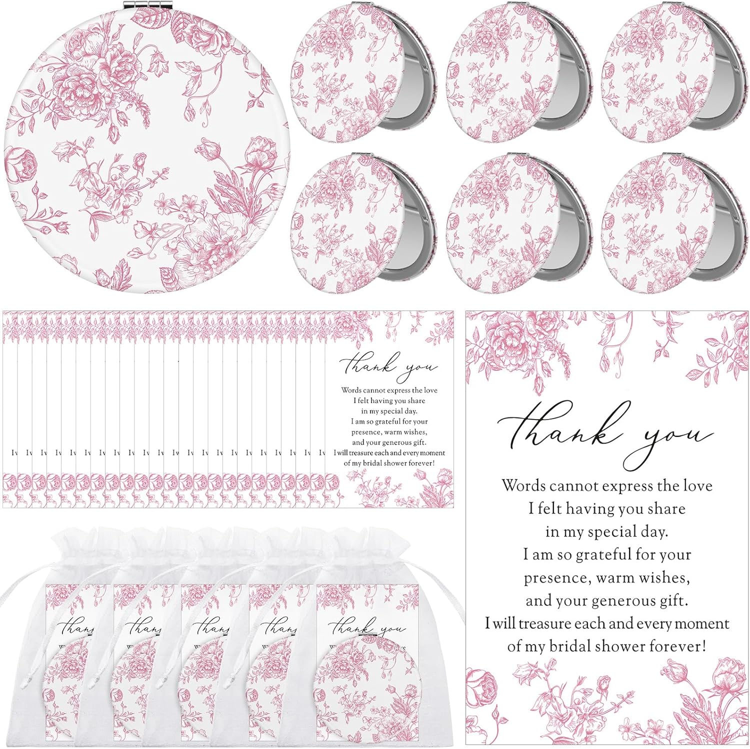 Yalikop 24 Sets Pink Floral Bridal Shower Favors for Guest Flower Folding Leather Compact Makeup Mirror Bulk Thank You Cards with Organza Bags for Bridesmaid Souvenir Gift Wedding Party