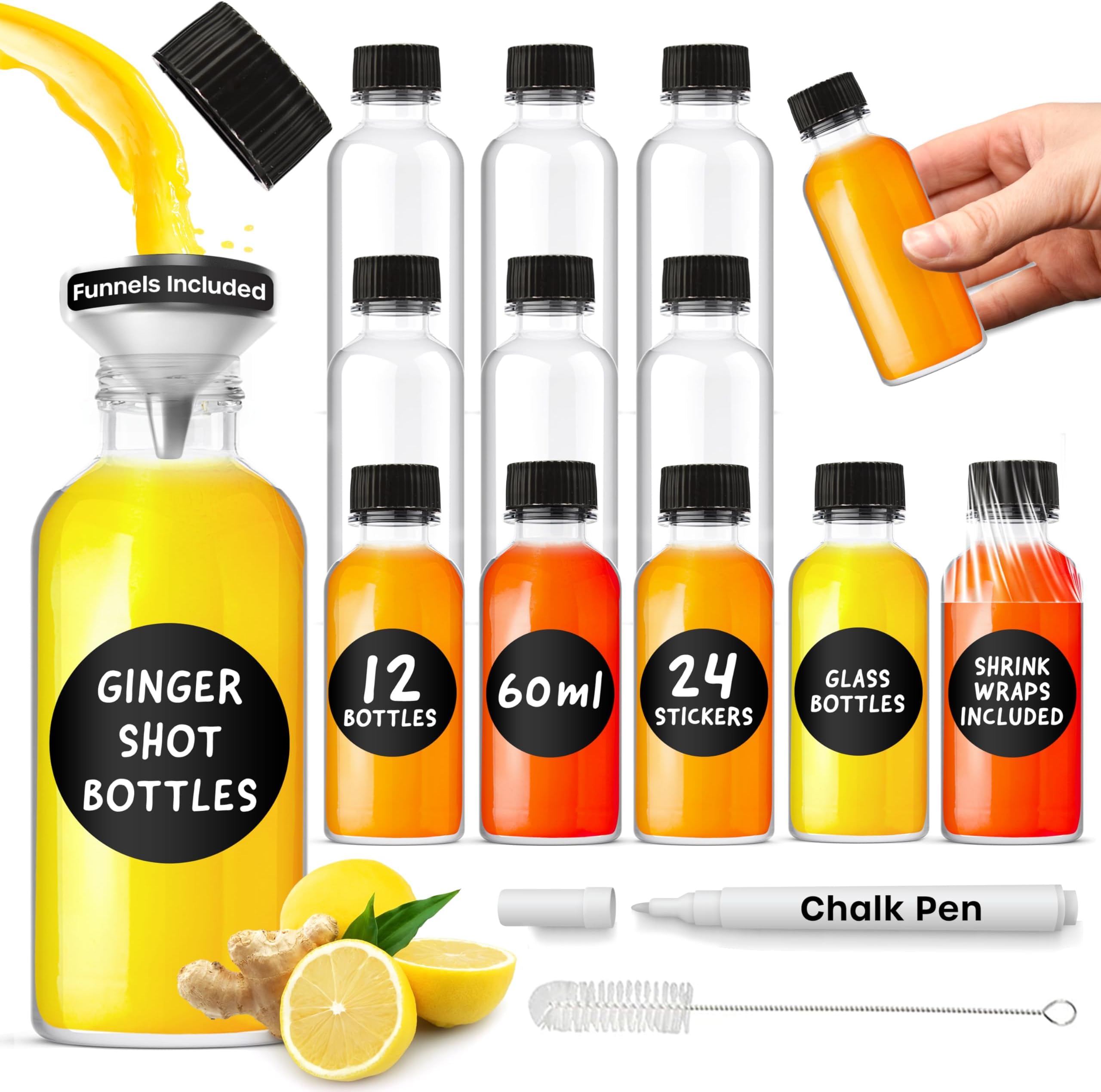 Volila Glass Bottles with Ginger - 60 ml, 12 Pieces with Lids - Reusable for Squeezing Juices, Mini Bottles for Alcohol, Whiskey and Oils