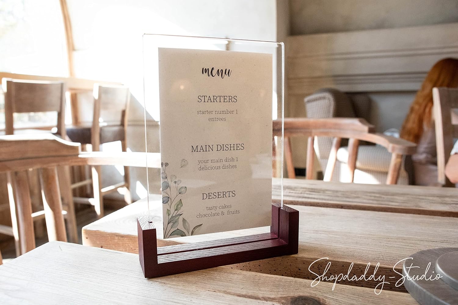 Acrylic Tabletop Menu Holder with Ashwood Base – Clear Vertical Sign Display Stand for Restaurant, Café & Retail, Double-Sided Acrylic Insert Frame for Menu Cards, QR Signs & Table Numbers