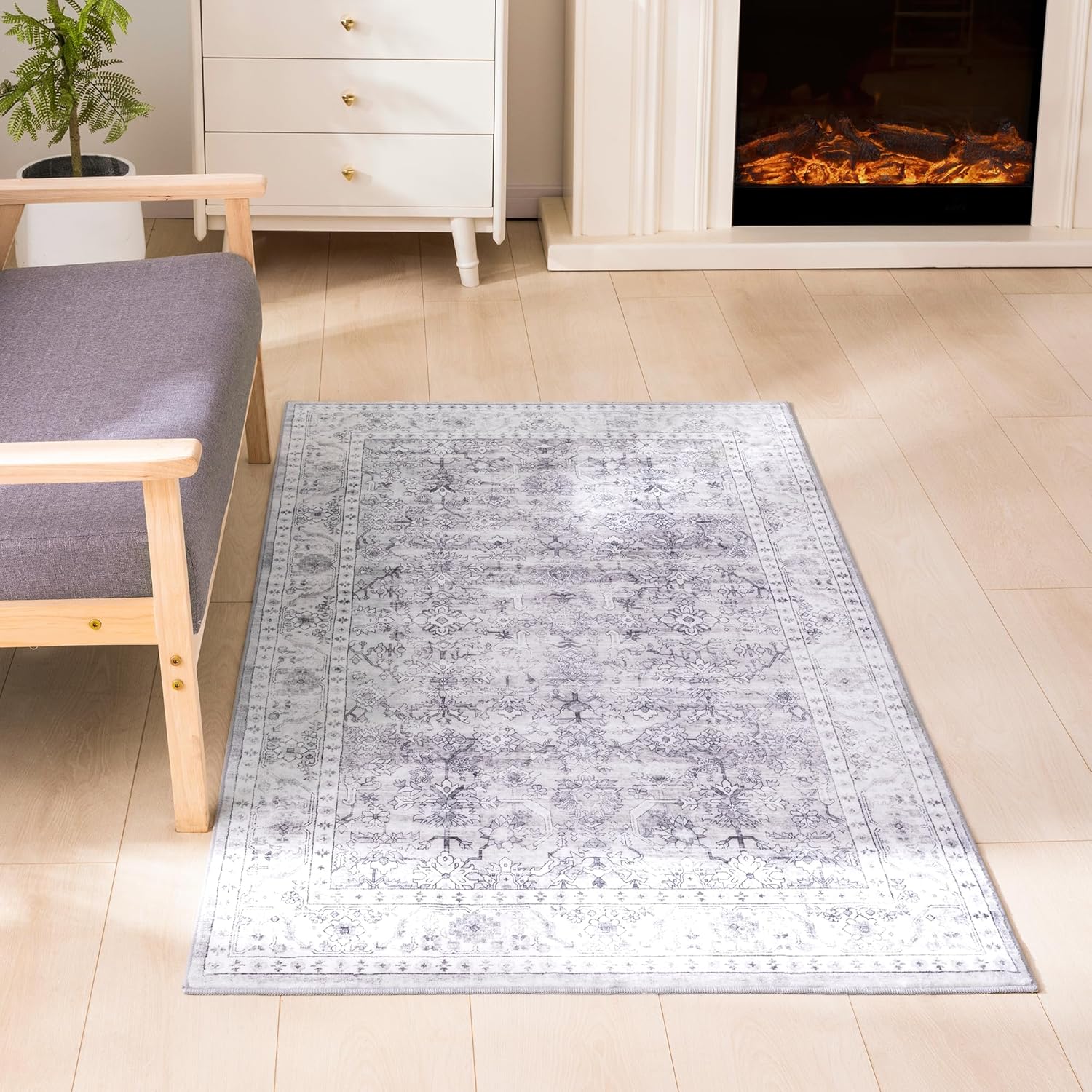 Carvapet 3x5 Gray Rugs for Living Room Bedroom Dorm, Washable Grey Vintage Low Pile Carpet Floral with Rubber Backing, Foldable, Non Slip Thin Area Rug