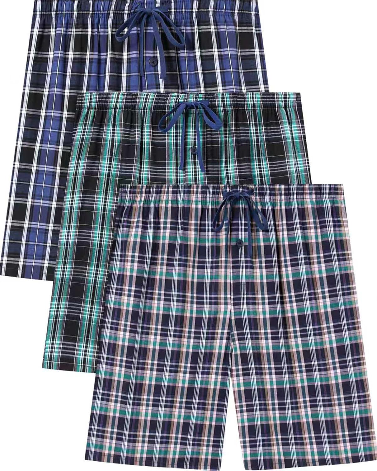 Men's Plaid Pajama Shorts Relaxed Fit Lounge Pants with Drawstring and Button Open Fly 3 Pack