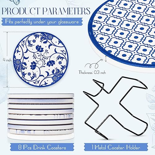 Miniatura 3 de Patelai Juego de 8 posavasos de cerámica vintage con soporte, posavasos absorbentes redondos azules para mesa de café, vasos, inauguración de la